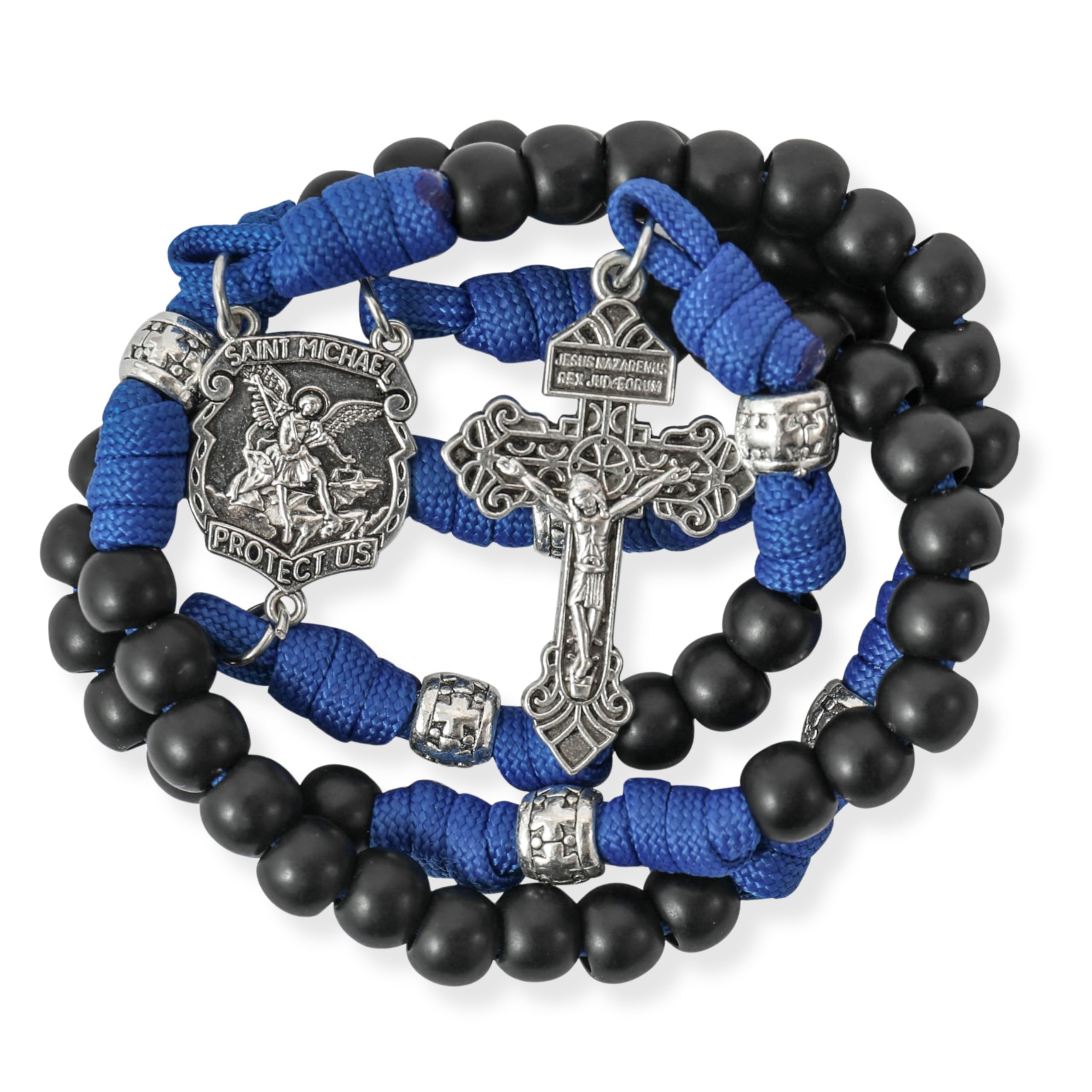 Nazareth Store Collana con rosario in paracord, perline in metallo resistente da 10 mm, rosario cattolico del Padre Nostro con crocifisso del perdono
