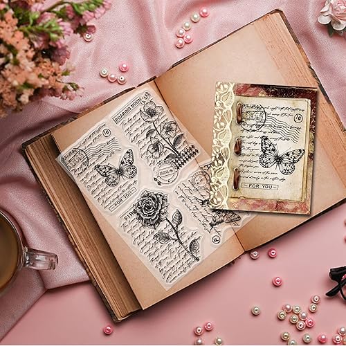 Miniatura 81 de GLOBLELAND Sellos transparentes de fondo de números vintage, sellos transparentes con estampado de palabras de flores, sellos transparentes