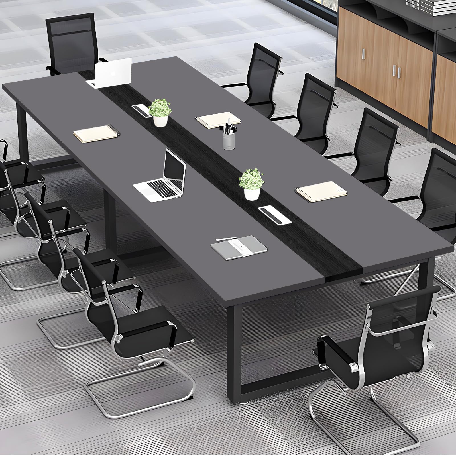 Großer Konferenztisch Büro – Moderner Besprechungstisch mit Kabelmanagement, Rechteckiger Meetingtisch für 8–12 Personen, Stabiler Metallrahmen (ohne Stühle)
