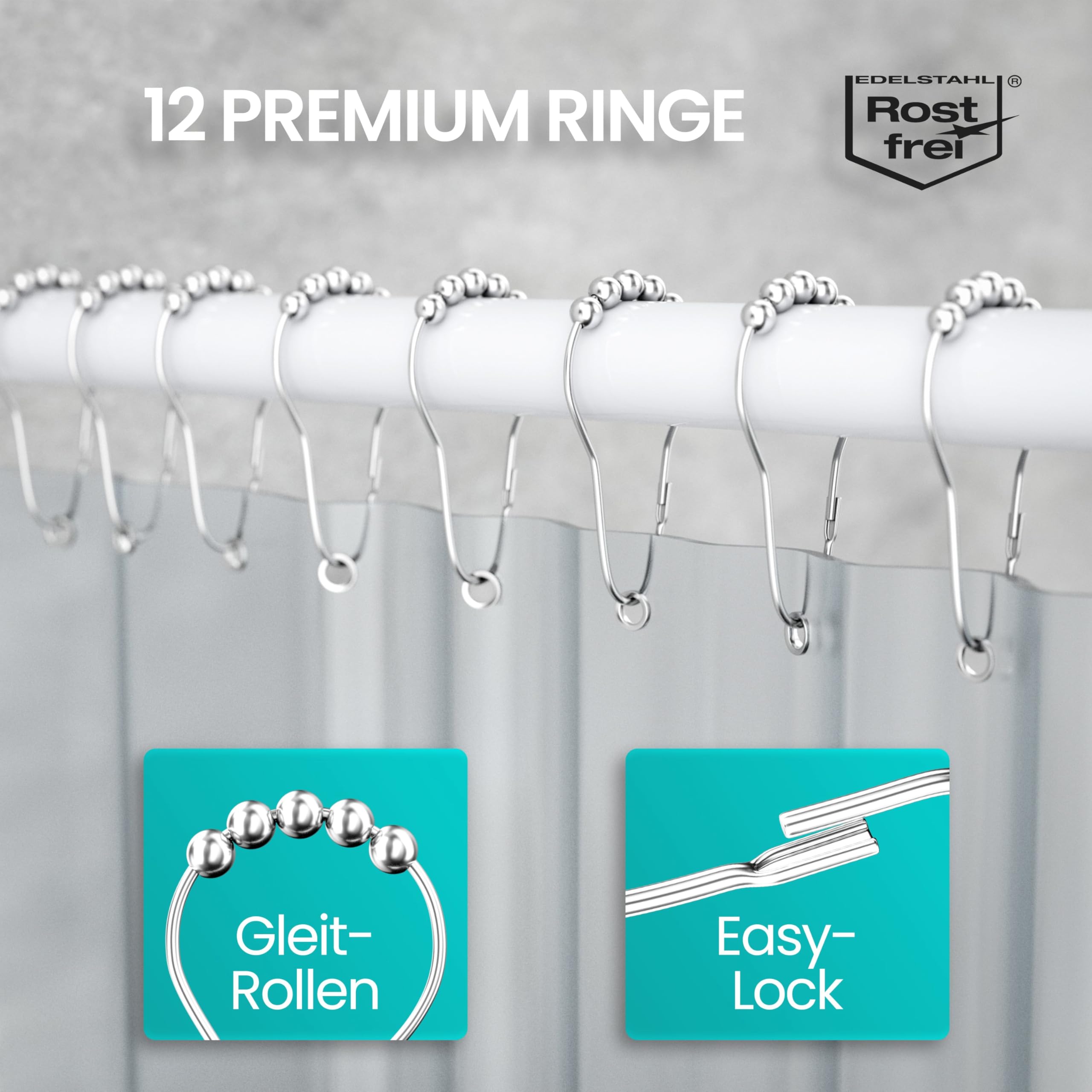 Duschvorhangstange L Form & Duschstange U Form 6 in 1 System inkl. 12 Ringe - Stabile Winkelstange Duschvorhang ohne Deckenhalterung - Duschstange Ecke Rostfrei - Duschvorhangstange Badewanne & Dusche