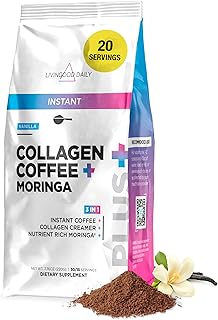 Livingood Daily Instant Collagen Coffee with Moringa, Vanilla - Instant Ground Coffee - Low Acid, Shade Grown & Made with Organic Coffee - Metabolism, Detox & Energy Boosting - 12 Oz