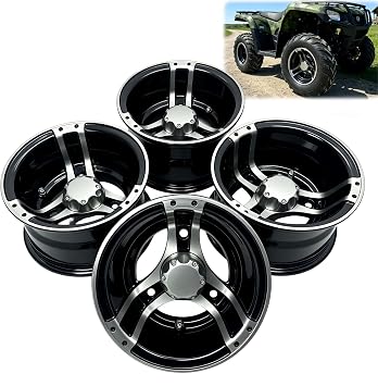 6 inch Aluminum Wheel with 3 Holes,10 Off set, Compatible with Most ATV Go Kart Lawn Mower Mini-bikes Golf Carts Aluminum Alloy Enhanced Traction Stylish Look, set of 4 (Machined/Black)