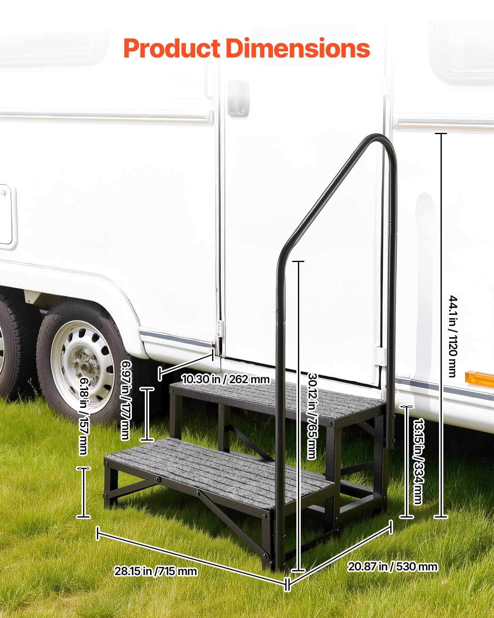 VEVOR Escalier Mobile à 2 Marches, Marchepied avec Rampe pour Caravane avec Patins Antidérapants, Capacité 300 kg, pour Personnes Âgées, Animaux Domestiques, Portable pour Camping-Car, Piscine, Spa