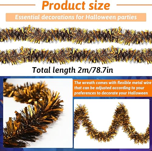 Miniatura 3 de Bimkole 5 guirnaldas de oropel de Halloween, 5 unidades, 33 pies, color negro y naranja brillante, guirnalda metálica para colgar en fiestas de