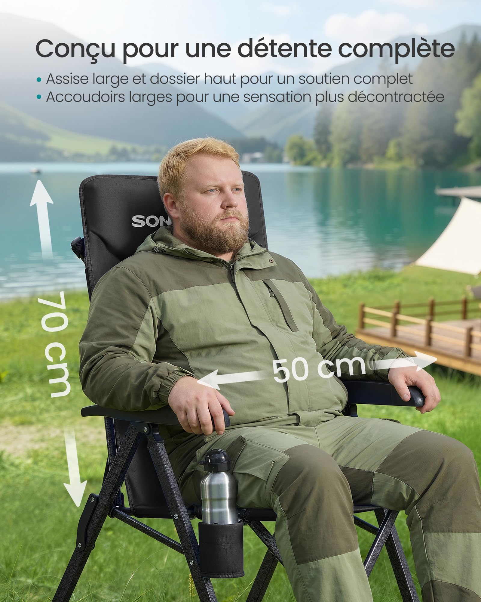 SONGMICS Chaise Pliante Camping, Dossier Inclinable 95°–150°, Fauteuil Camping, Dossier Haut Réglable, Porte‑Gobelet Pivotant, Sac de Transport avec Sangle, pour Jardin, Pêche, Noir GCB015BZ01