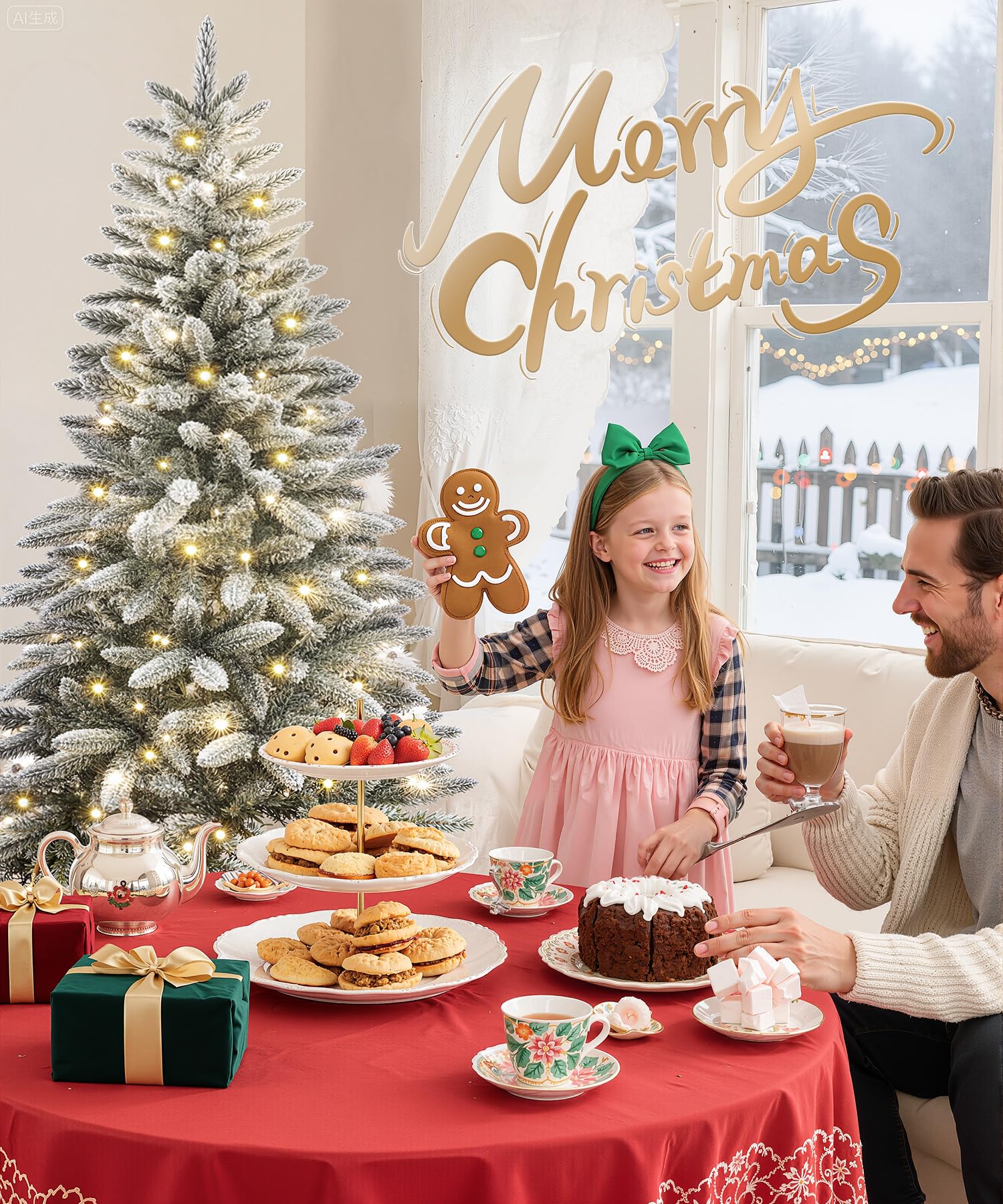 Yorbay Albero di Natale Slim, con Luci LED e Fiocchi di Neve, Supporto in Metallo, Albero Natalizio Artificiale Innvevato, per Decorazioni Natalizie (210cm)