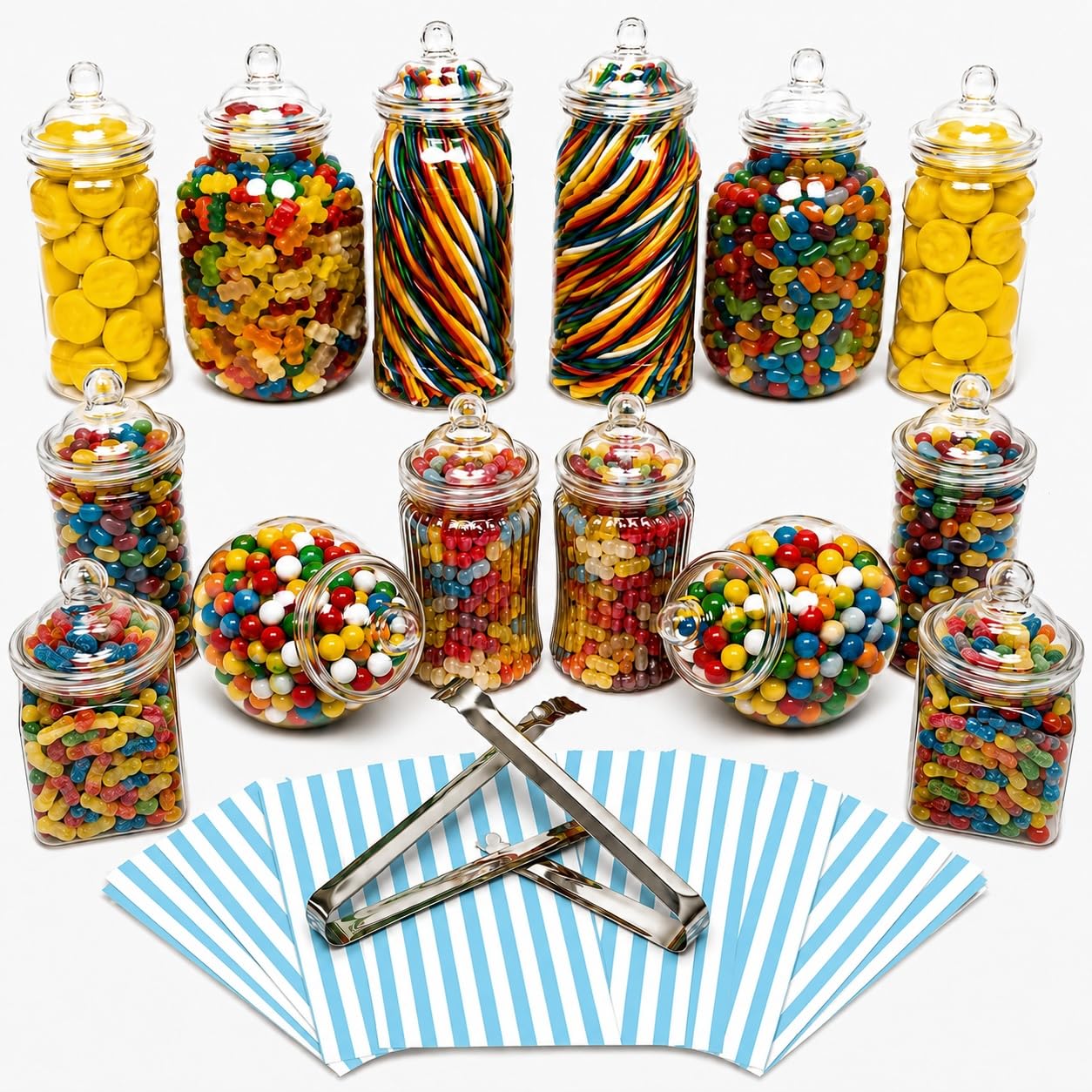 Truly Sweet Candy Bonbongläser aus Kunststoff, 14 Gläser in 7 Stilen, 2 Zangen und 50 Tüten, Ideal für Party, Hochzeit, Süßigkeitenbuffet (Aqua Candy Stripe Bags)