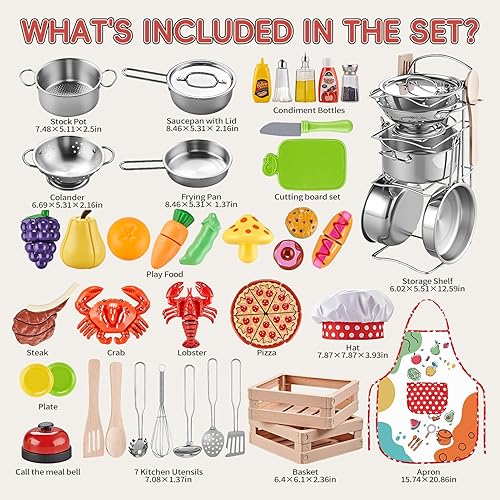 Miniatura 9 de Juego de accesorios de cocina, juego de cocina grande de acero inoxidable para niños con comida de corte, condimentos, delantal de chef y sombrero,
