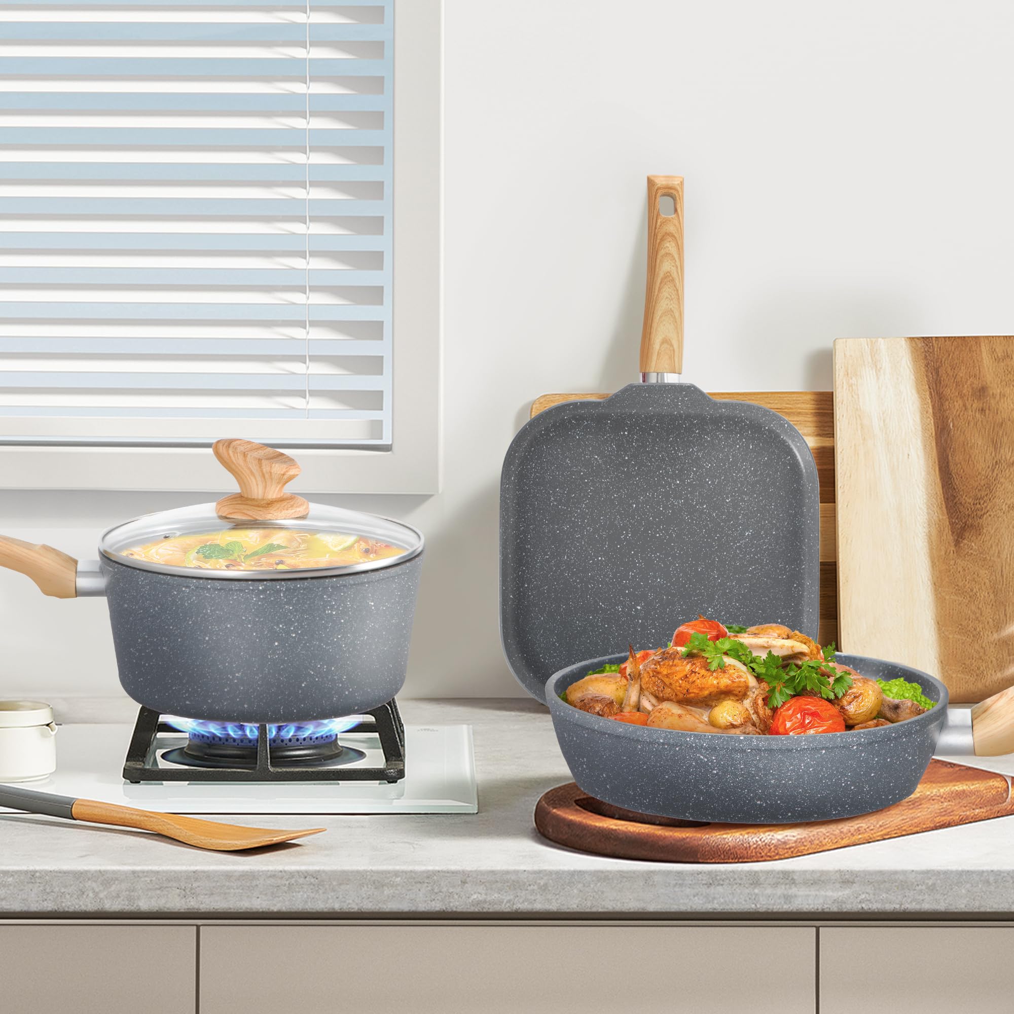 DishDelight Induktions-Kochgeschirr-Set mit Grillplatte 17-teiliges Induktions Töpfe Set Topf und Pfannenset mit Deckel Granit Antihaftbeshichtung Topfset Kochtopf