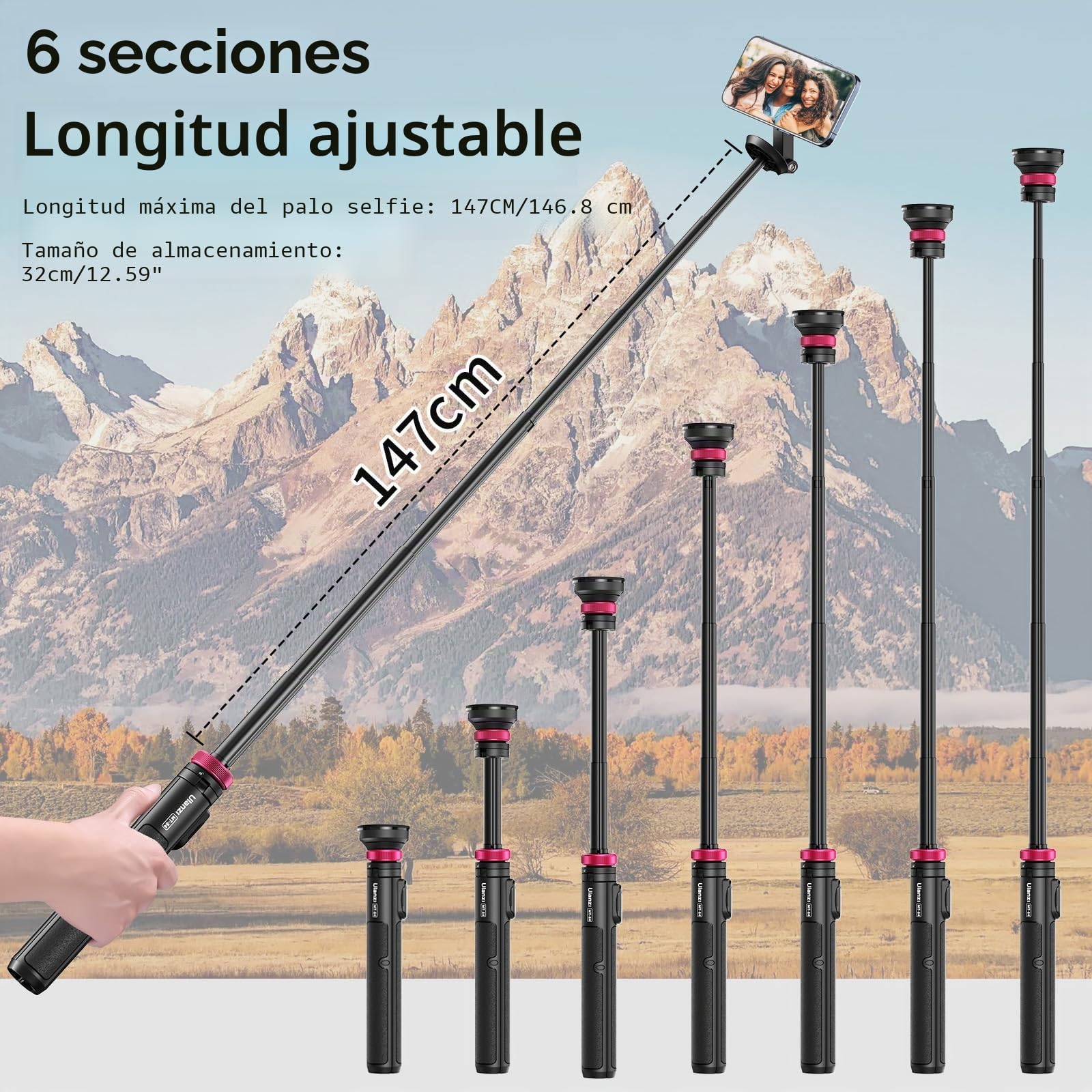 Ulanzi MT-84 Palo Selfie Magnético 153cm, Trípode con Bluetooth Control para iPhone Serie 16/15/14/13/12, Soporte para Trípode para Teléfono Extensible, Soporte Portátil para Selfie/Foto/Vlog
