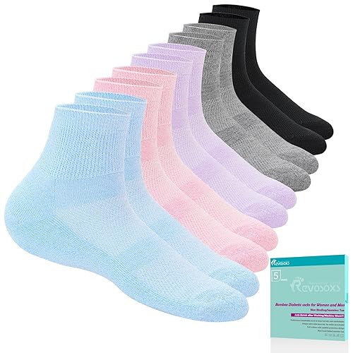 Revosoxs Diabetic Socks for Women Men,5 Pairs Bamboo Viscose Non Binding Diabetic Ankle Socks,Wide Seamless Socks 6-9 9-12 - Large - Black/Grey/Pink/Purple/Skyblue
