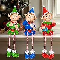 Dazzle Bright Christmas Elf Figurines Decoration, Set of 3 Resin Elf Sitters with Dangling Legs, Xmas Table Fireplace Shelf Sitters Decorations Sitting Figurines Ornament for Indoor Home Decor