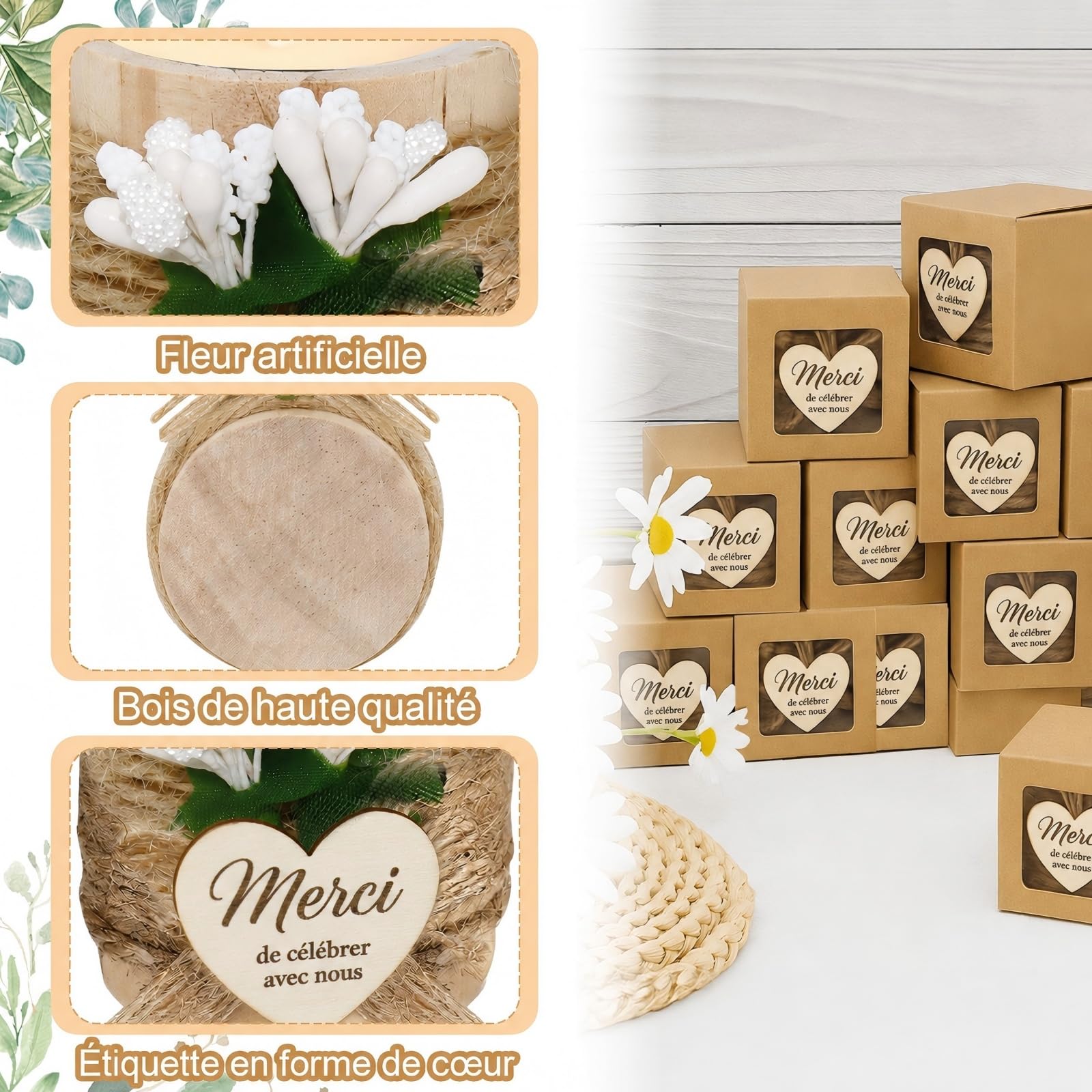 16 Sets Cadeau Invité Baptême et Mariage, Bougeoir en Bois avec Fleurs Artificielles et Boîte Cadeau, Photophore en Bois Décoratif pour Centre de Table, Communion, Anniversaire, Gender Reveal