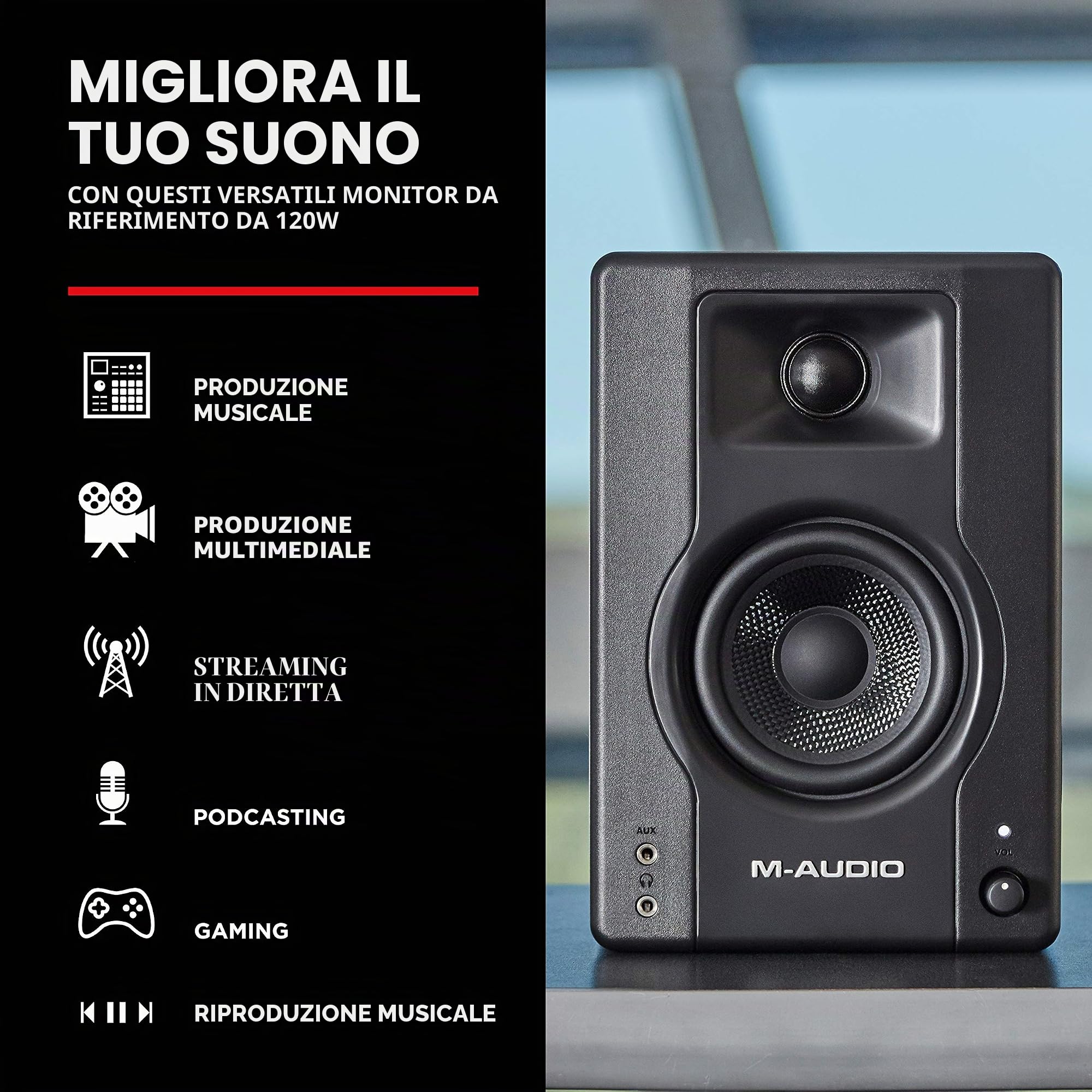 Cuffie + Casse PC + Scheda Audio - Casse Audio Monitor Amplificate 120 W da Studio, Interfaccia Audio Esterna USB e Cuffie Over Ear - M-Track Solo + BX3 + MPM-1000 + (M-Audio)