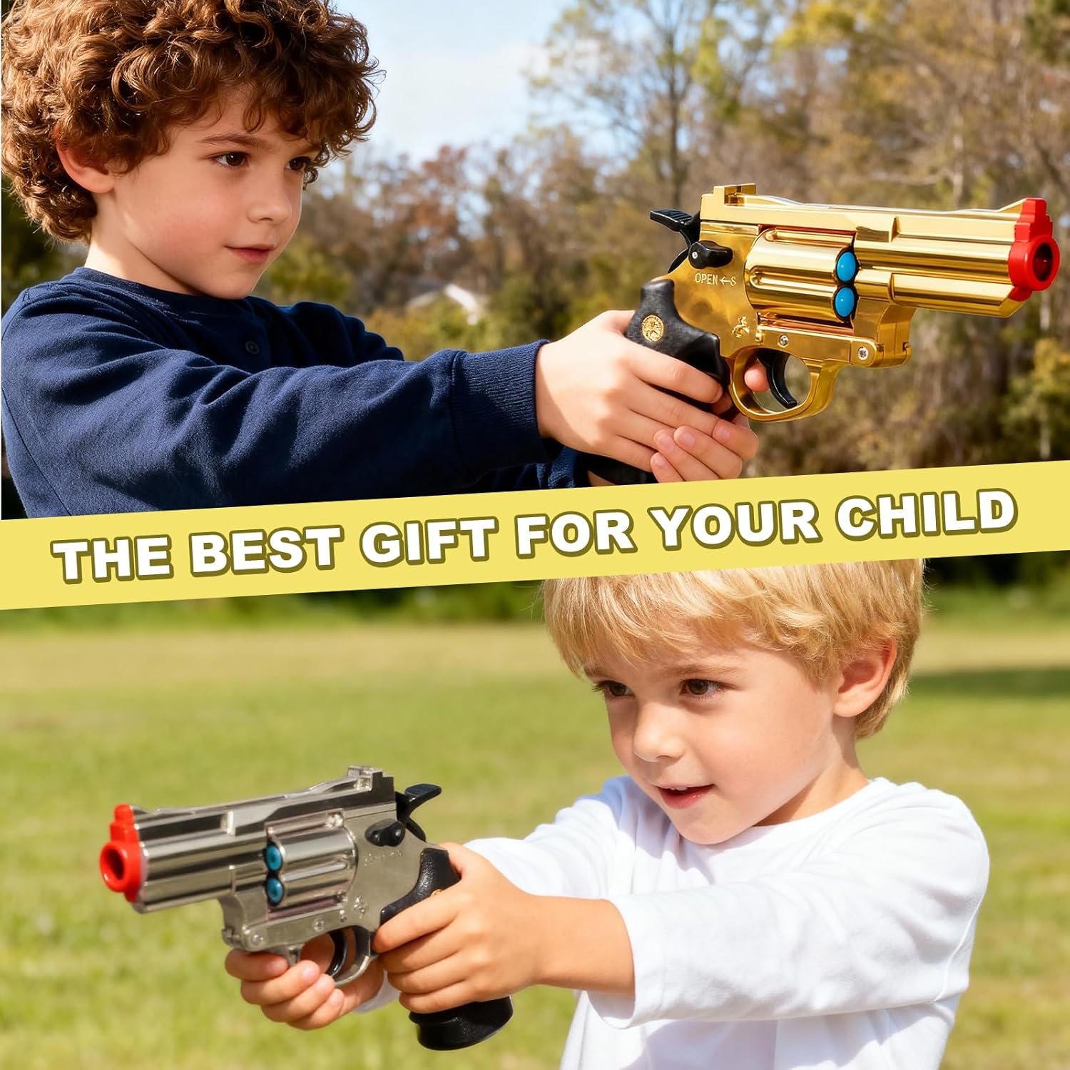 Toy Revolver Gun Plastic Soft Bullet Foam Blaster Hand Pistols Shotgun Roulette Boy Play Cowboy Prop Game Fake Sniper Rifle Kids Age 8-12 Cool Halloween Christmas Birthday Gift Gold