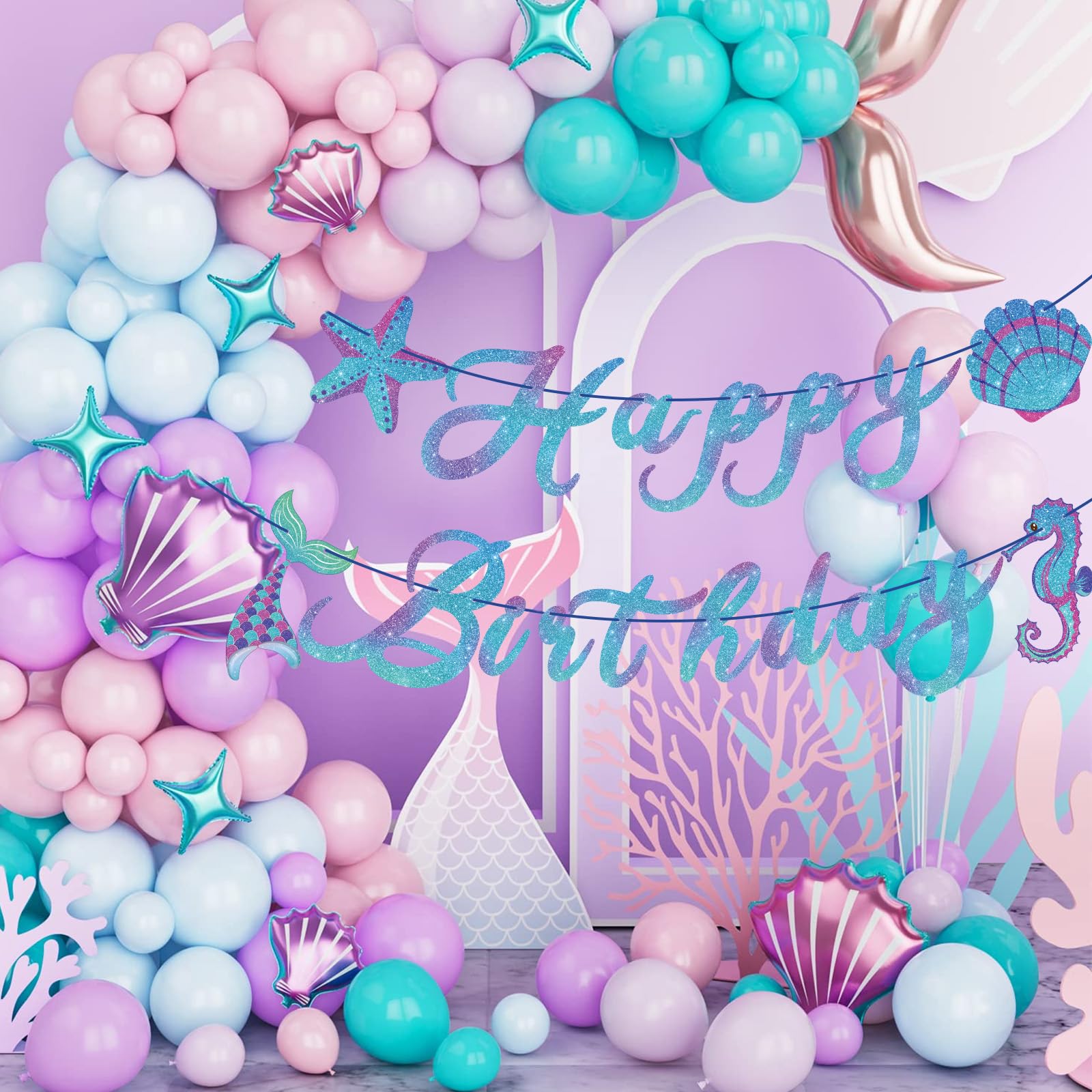 Hooqict Meerjungfrau Geburtstag Dekorationen Meerjungfrau Happy Birthday Banner Girlande Schild für Mädchen Baby 1. 2. 3. Party Banner unter dem Meer Motto Party Supplies hängende Dekorationen