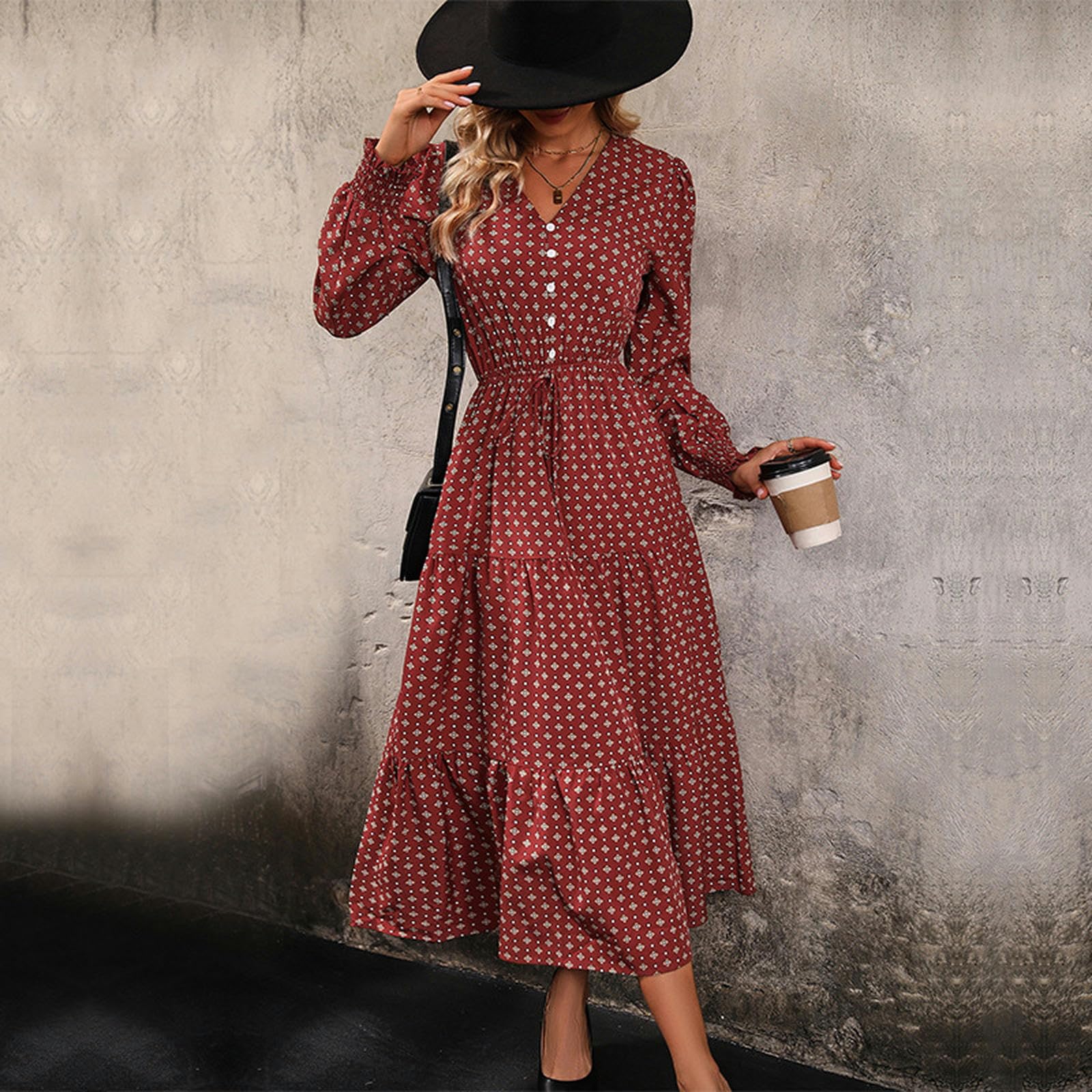 Vestidos de manga larga para mujer, con cuello en V, casual, vestido midi para invitada de boda, fiesta, compromiso, vestido ajustado YYEFNMAZ