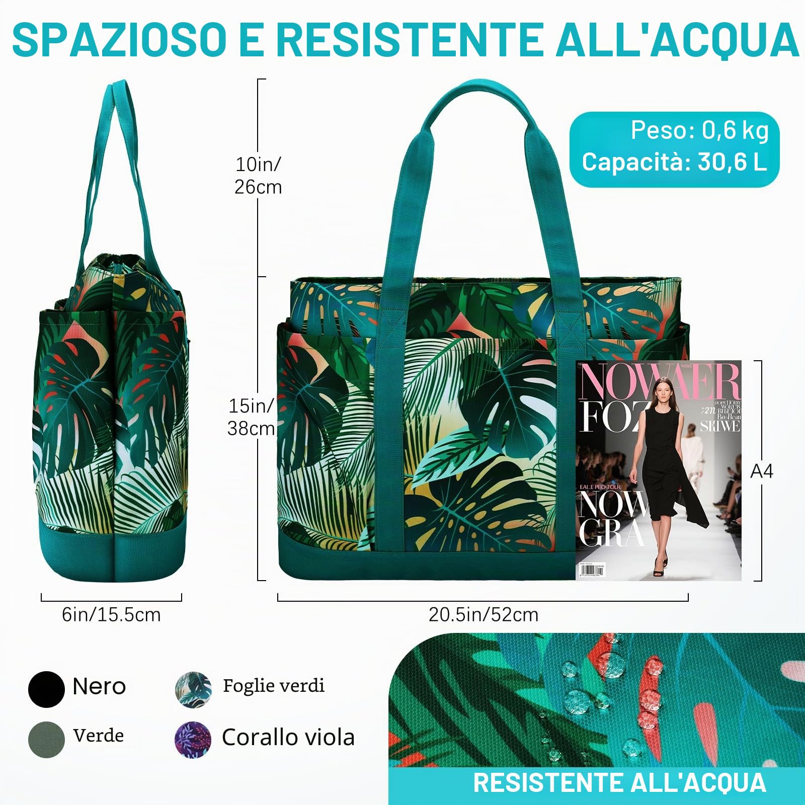 VASCHY Borsa Mare Grande,Borsa Spiaggia Donna Impermeabile Borse Tela Mare con Tasche Multifunzione Piegevole Viaggio Estiva
