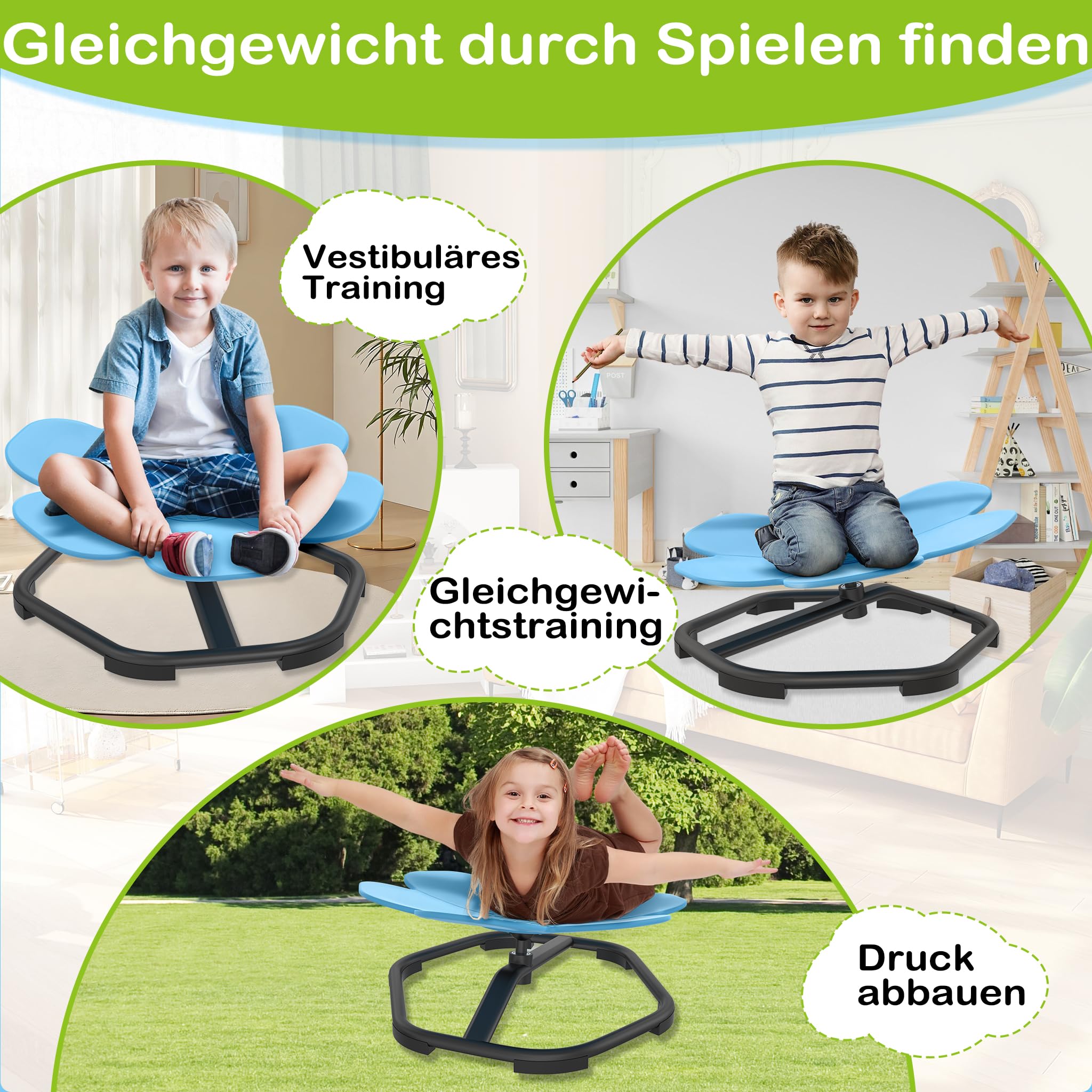 XMTECH Kinder Karussell-Drehstuhl, Blütenform Balance-Sitz mit Rutschfesten Gummipads–360° Drehbarer Balance-Hocker für Kinder, Fördert Sensorische Entwicklung, Gleichgewicht & Koordination, Hellblau