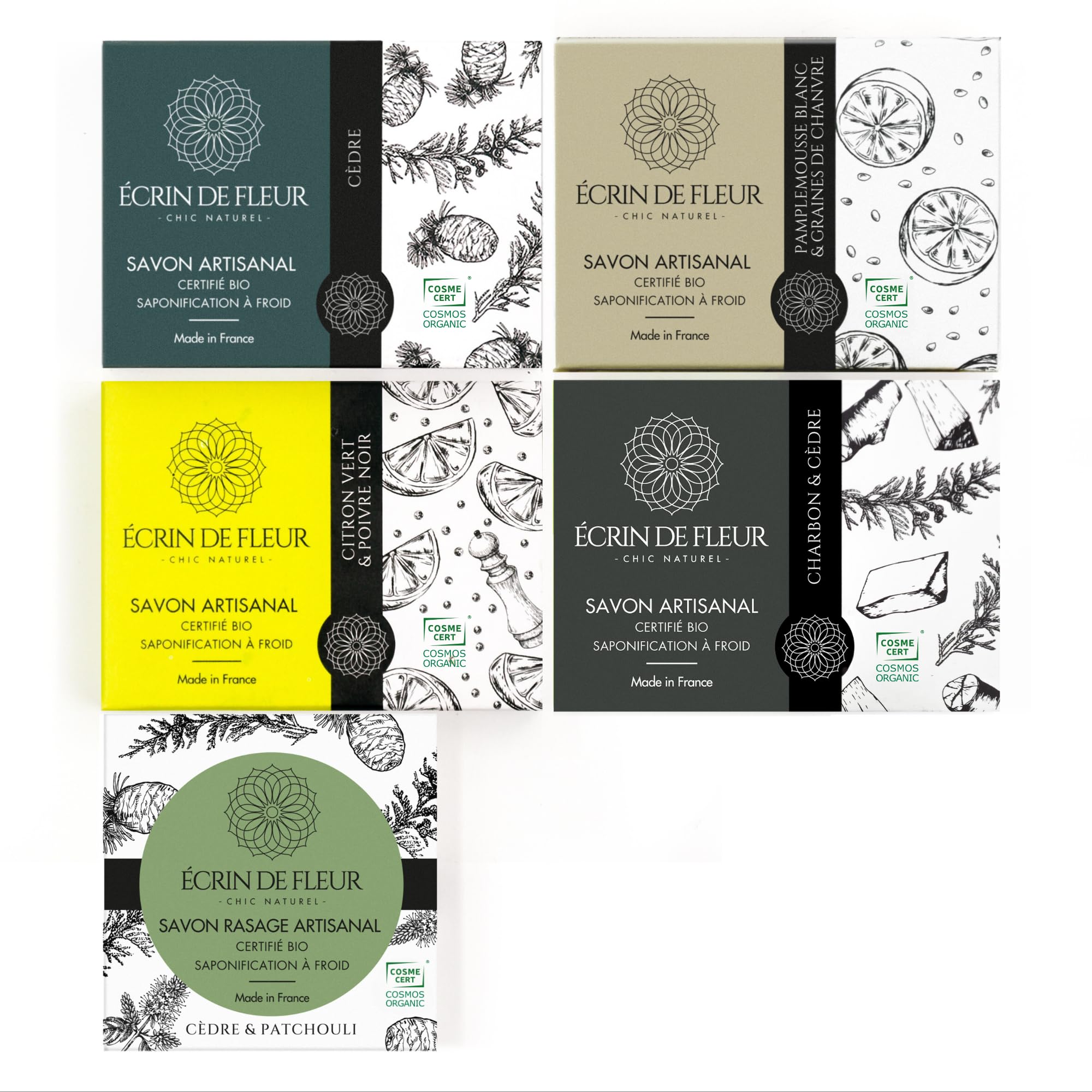 Cofanetto Saponi Biologici per Uomo, 5 Saponette Artigianali, Certificati COSMOS & Nature et Progrès, Cedro, Carbone, Lime, Sapone da Barba