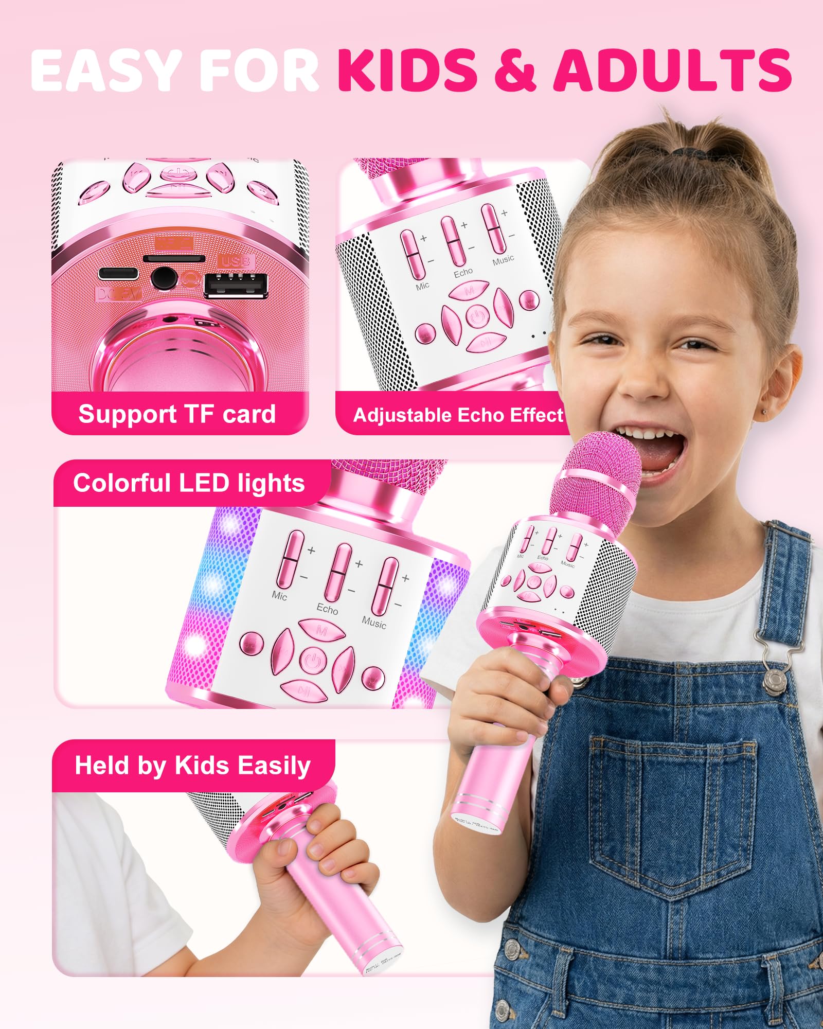 Amazmic Spielzeug für Mädchen, Kinder-Karaoke-Mikrofon, Kleinkind-Mikrofon für Kinder mit Lichtern, Geburtstagsgeschenk für Mädchen, Jungen, Spielzeug Alter 3 4 5 6 7 8+ (Hellrosa)