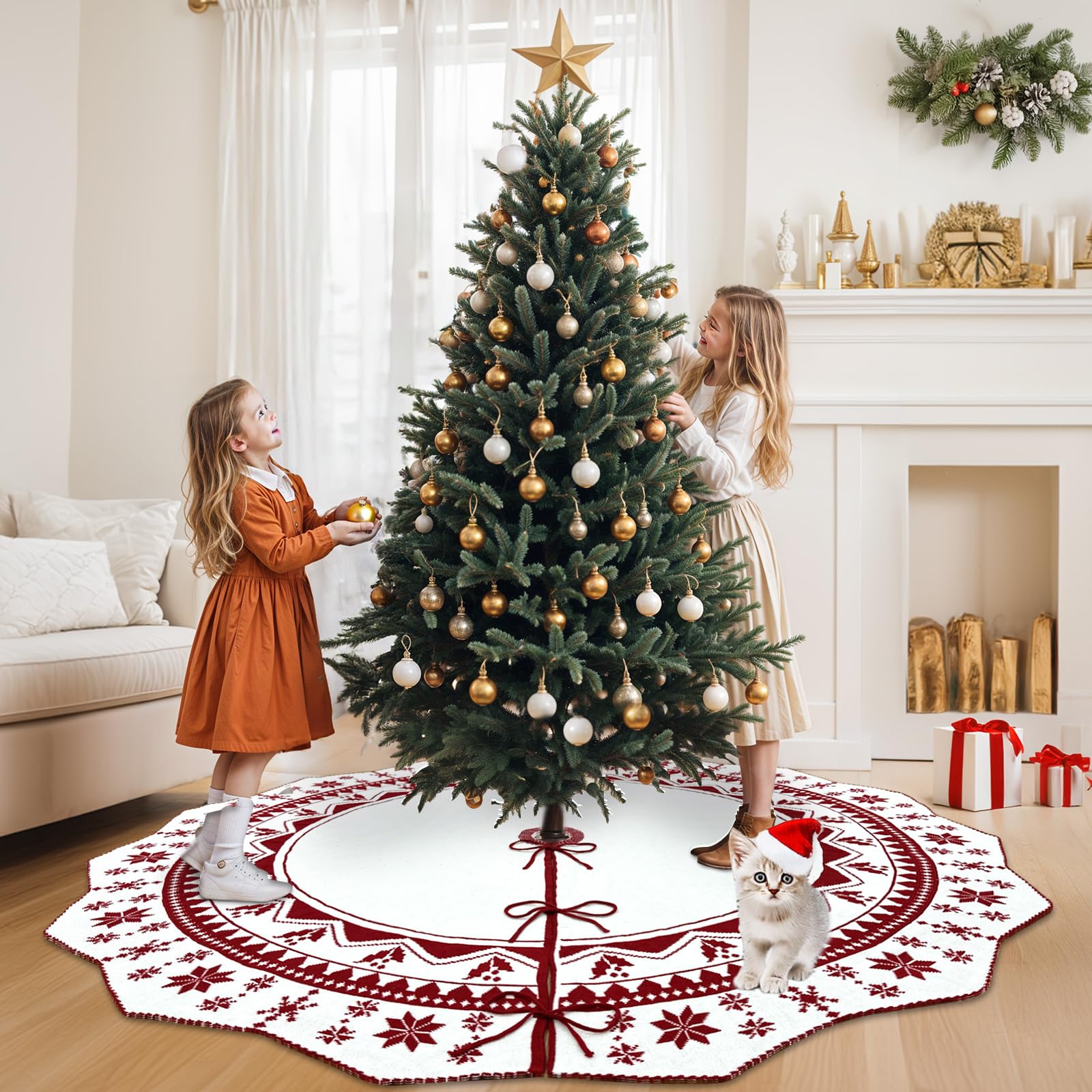 Jupe de sapin de Noël en tricot double face avec motifs flocons de neige - Grande jupe de sapin de Noël rustique pour décorations de sapin de Noël - 183 cm
