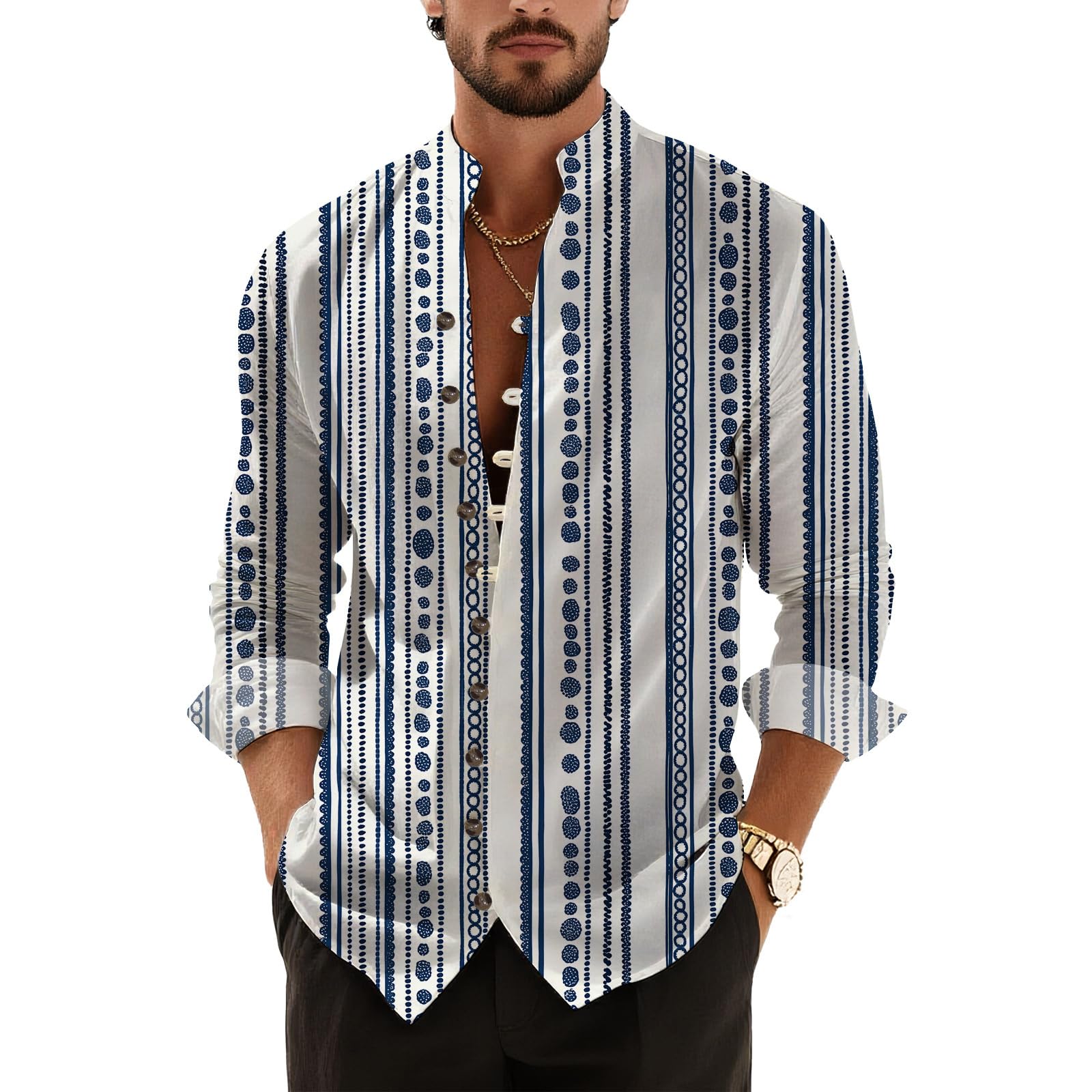 Mens Stripes Graphic Henley Shirt Long Sleeve Banded Collar T-Shirt Spring Summer Casual Fashion Button Down Shirts