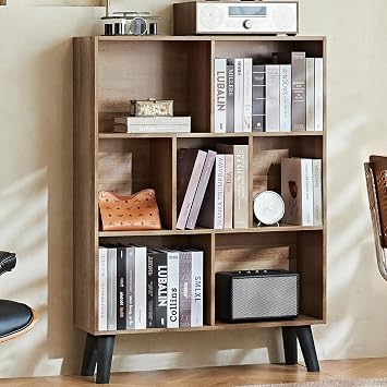 LEYAOYAO 7 Cube Bookshelf, Mid-Century Modern Bookcase Legs,Yellow Wooden Book Shelves, Wood 3-Tier Freestanding Storage Organizer Display Shelf for Bedroom,Living Room,Office