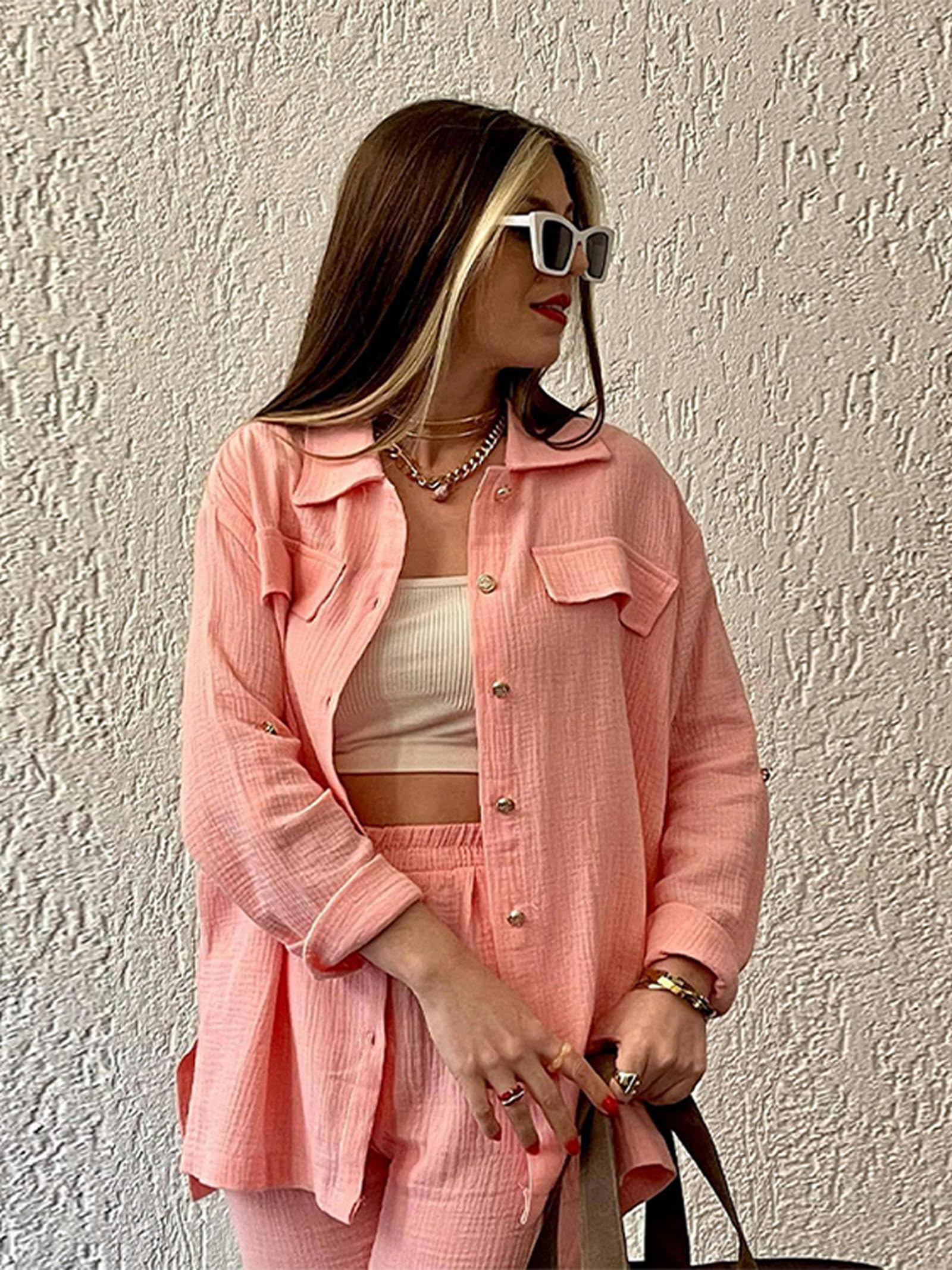 Nouveau Automne Pyjama décontracté Pyjamas Ensemble Femmes Revers Pyjama Cardigan Costume Pantalon Gaze Chemise Service à Domicile-Rose TZ170-S