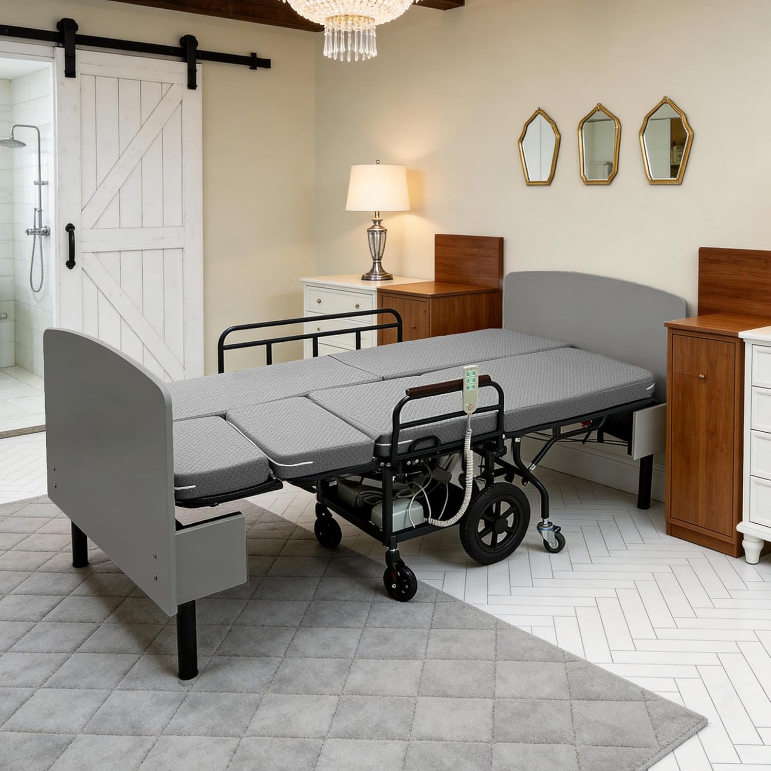 Leavader 3-in-1 Adjustable Hospital Bed with Dual Motors, Convertible to Wheelchair & Stretcher, Electric Nursing Bed with Remote, Safety Rails, Heavy Duty Elderly Home Care Bed