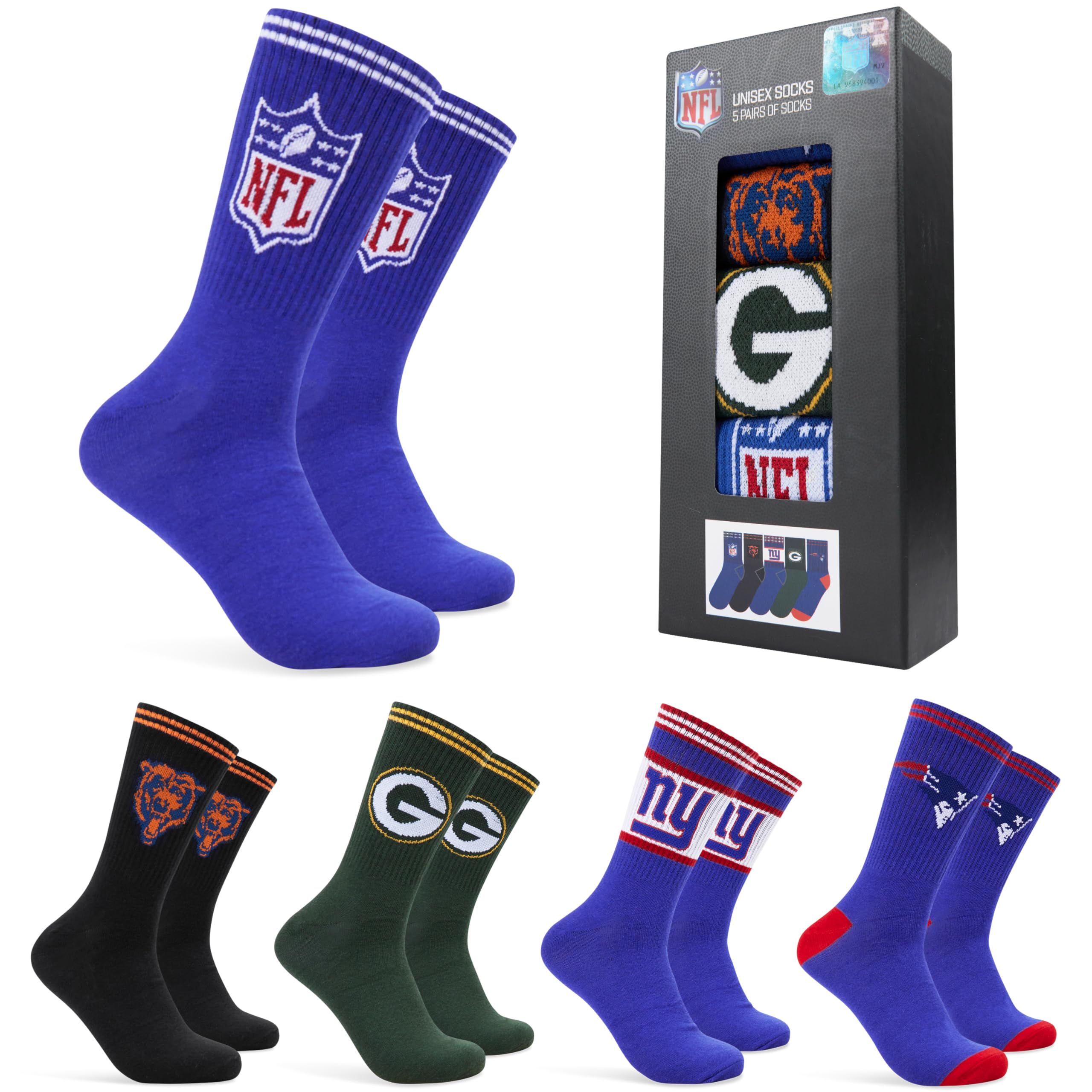 NFL Chaussettes Homme Mi-Mollet, Coffret 5 Paires Chaussettes Homme Fantaisie Sport, Idée Cadeau Adulte Ado 36-40, 40-46