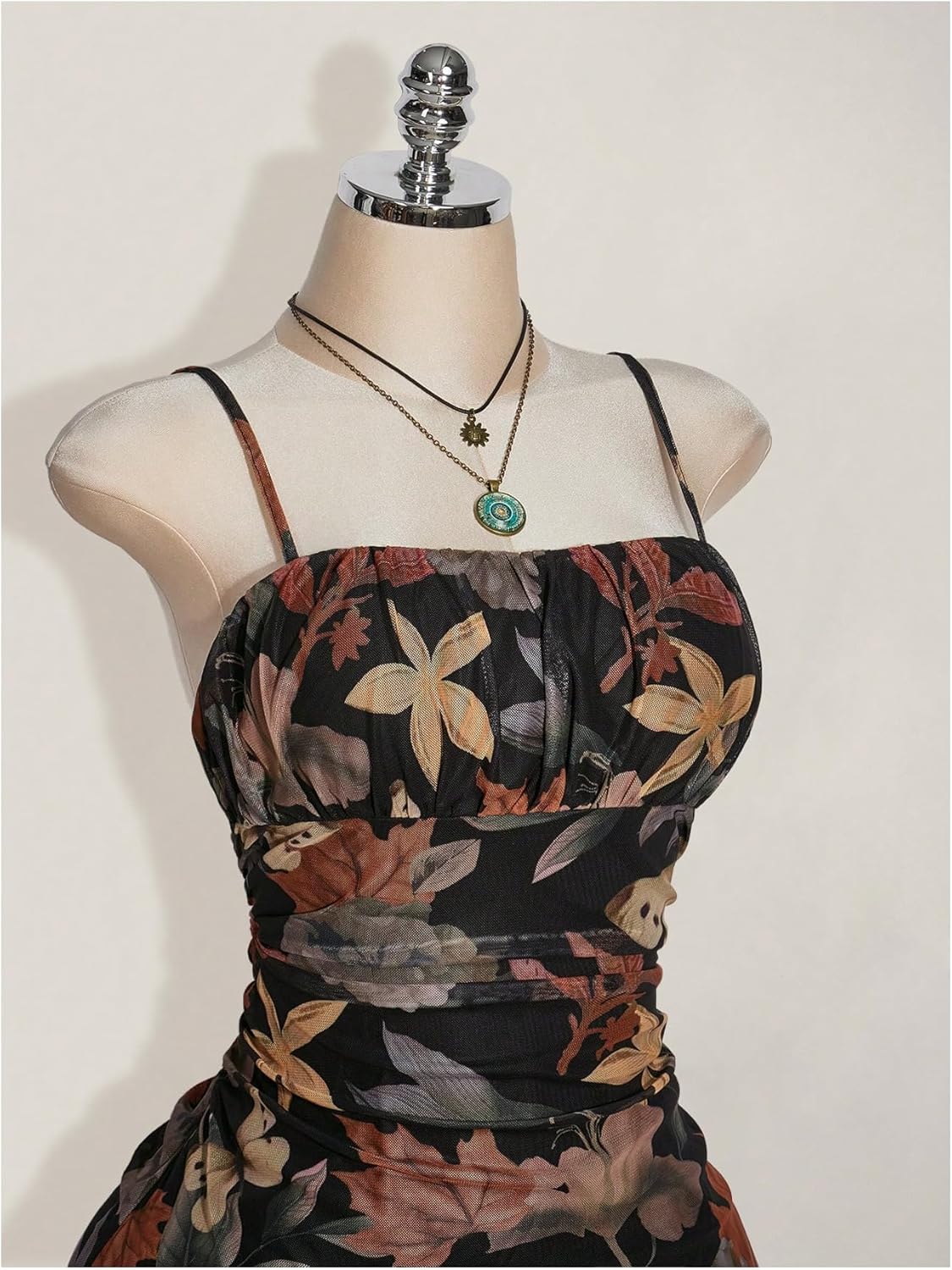 Women's Plus Size Boho Floral Print Cami Dress Vintage Ruched Spaghetti Strap Mesh Mini Dresses - Image 2