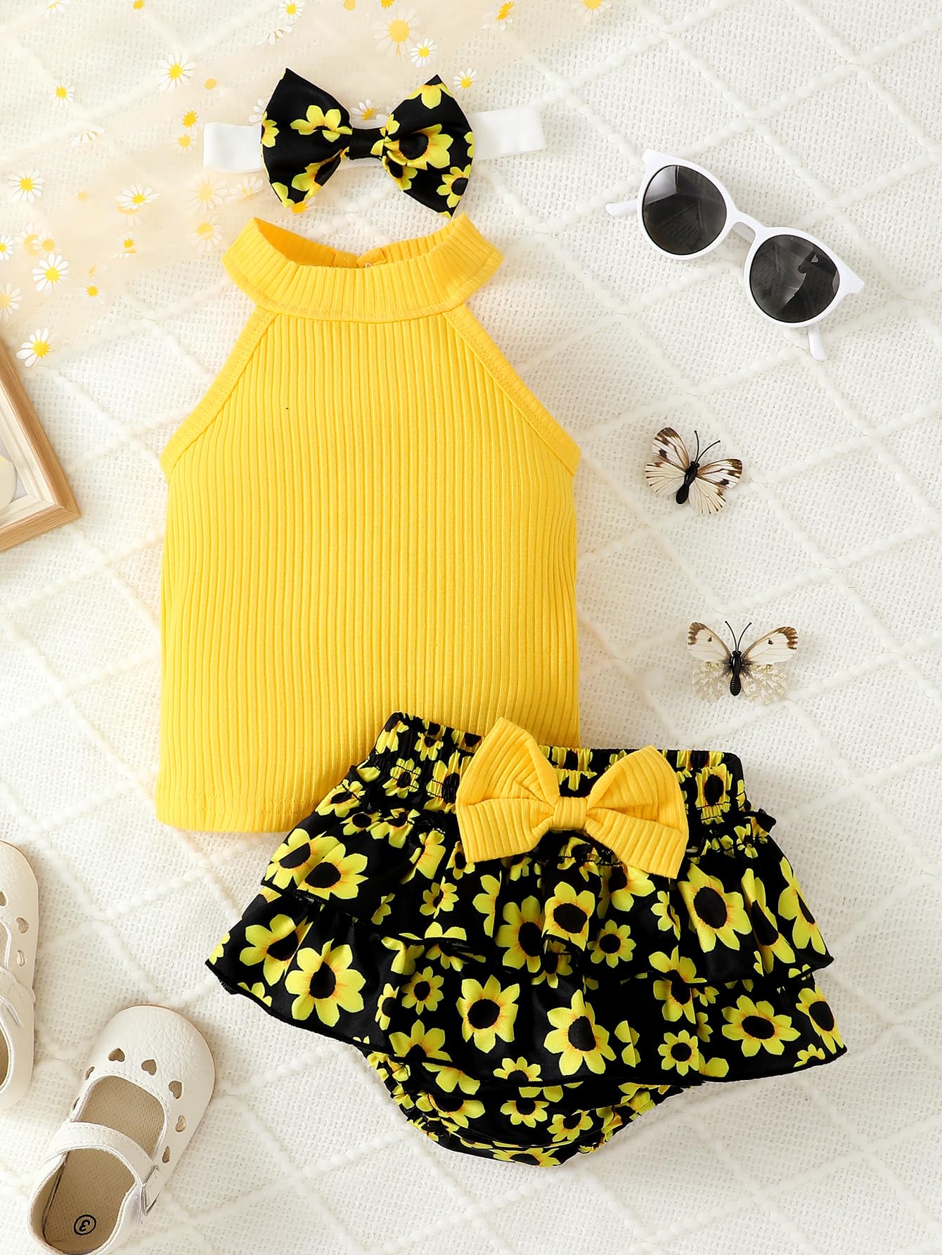 Conjunto de 3 piezas para bebé niña con parte superior acanalada amarilla y volantes con estampado de girasoles y diadema, conjunto de 3 piezas para recién nacidos
