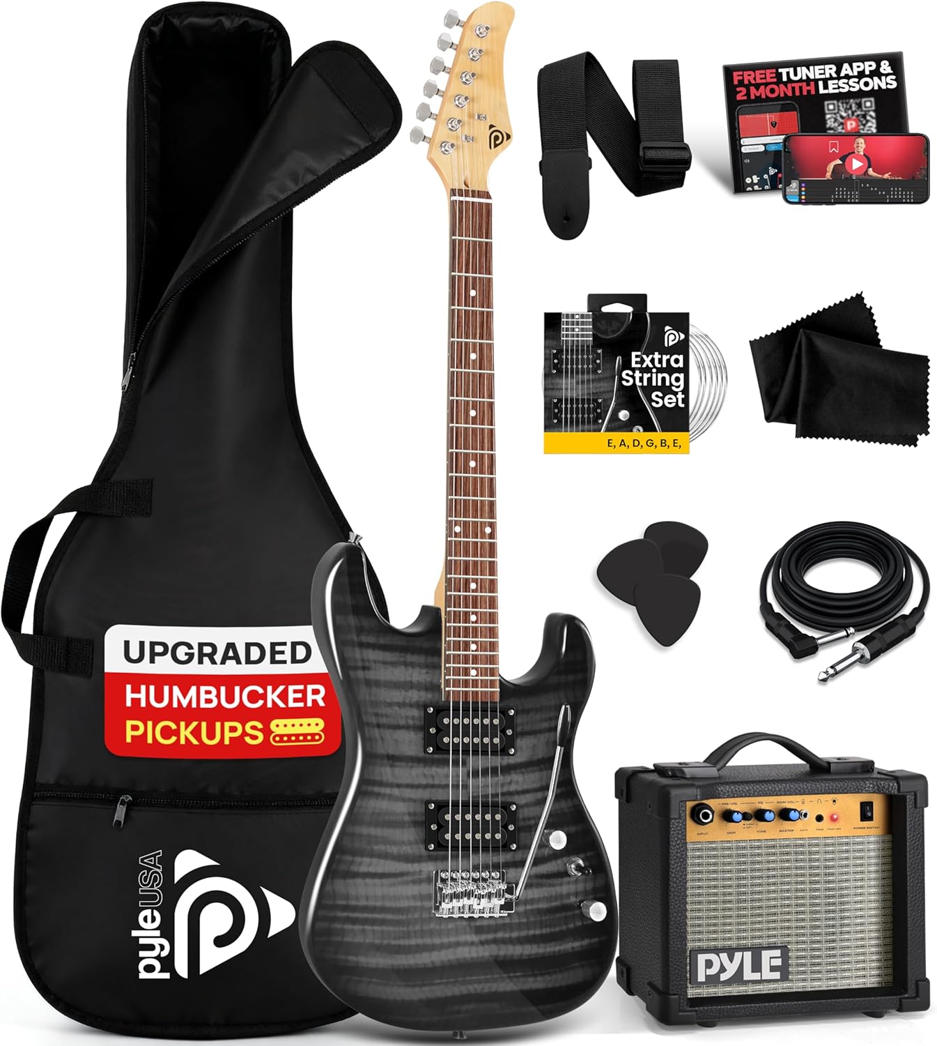 Pyle Electric Guitar Kit with Amp, Full Size Instrument with Humbucker Pickups, Guitarra Electrica Amplifier and Beginner Bundle Accessories, 39" Black
