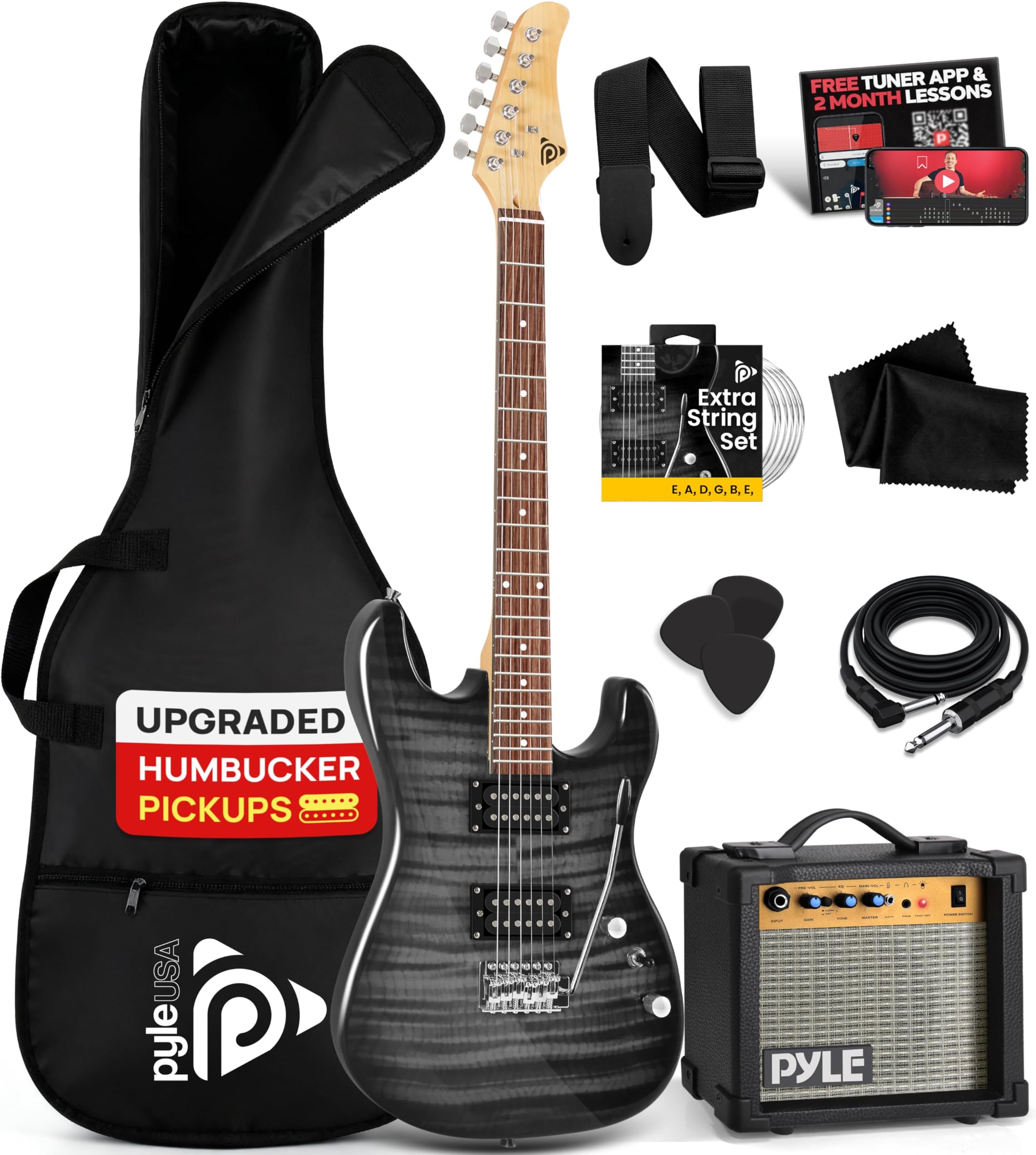 Pyle Electric Guitar Kit with Amp for Beginners Full Size 39” Instrument Package with Humbucker Pickups and Rock Amplifier Starter Set Bundle for Kids All Ages, Youth and Adults