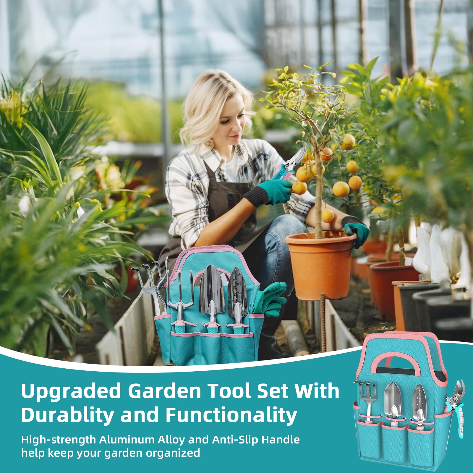 MelonArt Set di attrezzi da giardino, 8 pezzi, kit di attrezzi da giardinaggio per donne, resistente, in lega di alluminio con manico ergonomico antiscivolo, regalo ideale per donne e uomini, verde e