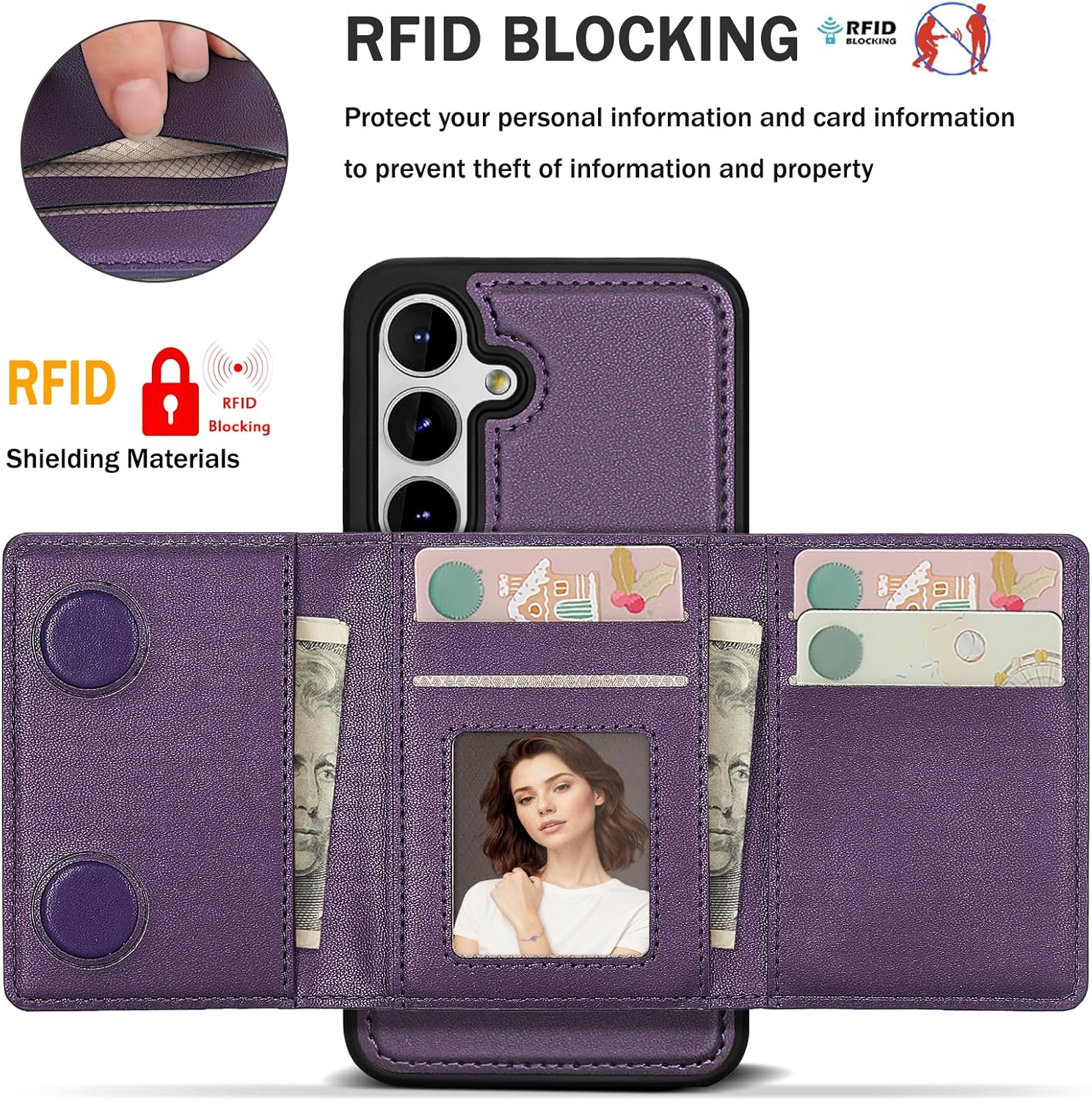 for Samsung Galaxy S24 Plus Wallet Case, 2-in-1 Detachable Magnetic Wallet Case, Card Holder RFID Blocking, Fashionable Faux Leather Card Slot & Folding Design (Purple)