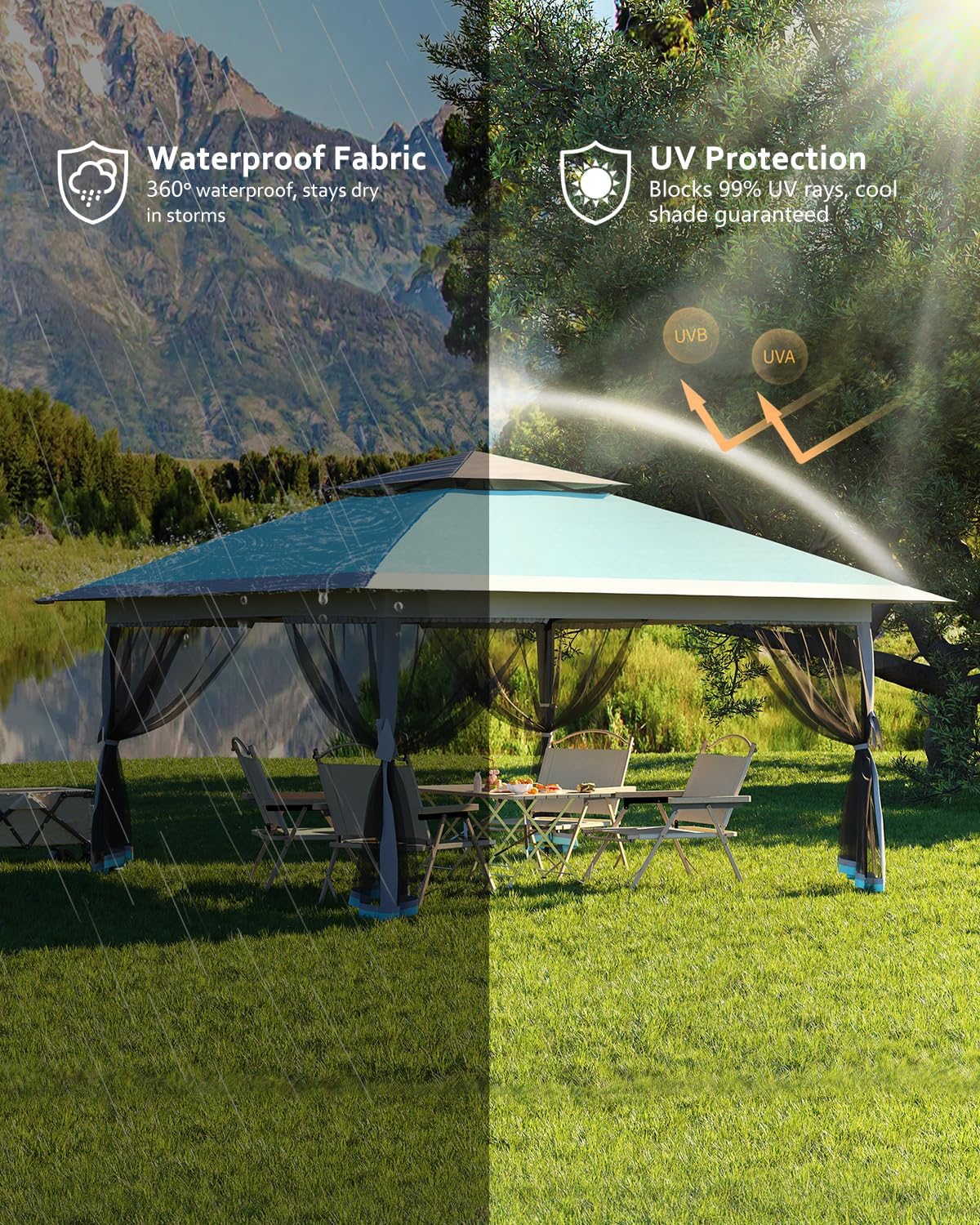 Garvee Carpa Plegable con Mosquitera Cenador de Jardín Impermeable con Cierre Central de Un Botón para Terraza Camping y Eventos al Aire Libre, 4 Sacos de Arena, 366x366 cm, Azul Claro y Gris
