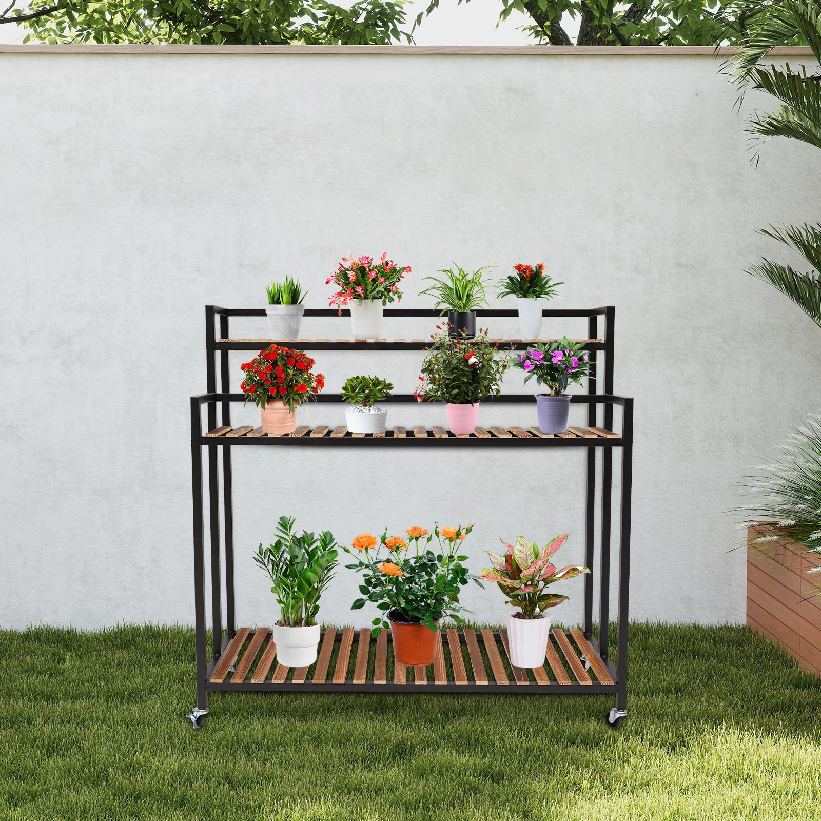 3-Etagen Pflanzenregal Bewegliches Pflanzentreppe Pflanzenständer mit 4 Rollen 100x40x102cm, Stabiles Metall Blumenständer für Balkon Garten Wohnzimmer (Schwarz)