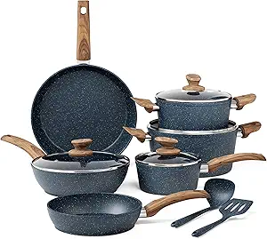 Kitchen Academy Pots and Pans Set Non Stick - 12 Piece Induction Kitchen Cookware Sets, Blue Granite Nonstick Cooking Pans Set