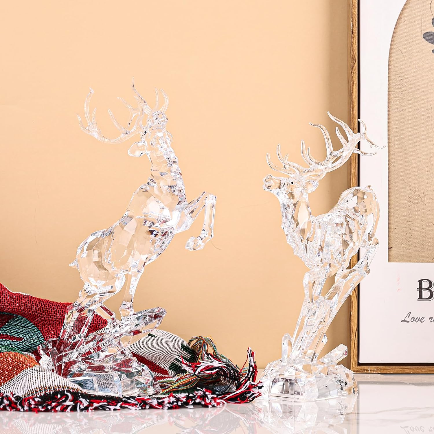 XMGZQ 13.3" Tall White Acrylic Christmas Reindeer Figurines with LED Light, Large Deer Statues Sculpture Tabletop Ornaments for Luxurious Simple Style Ideas,Suitable for Living Room Fireplace