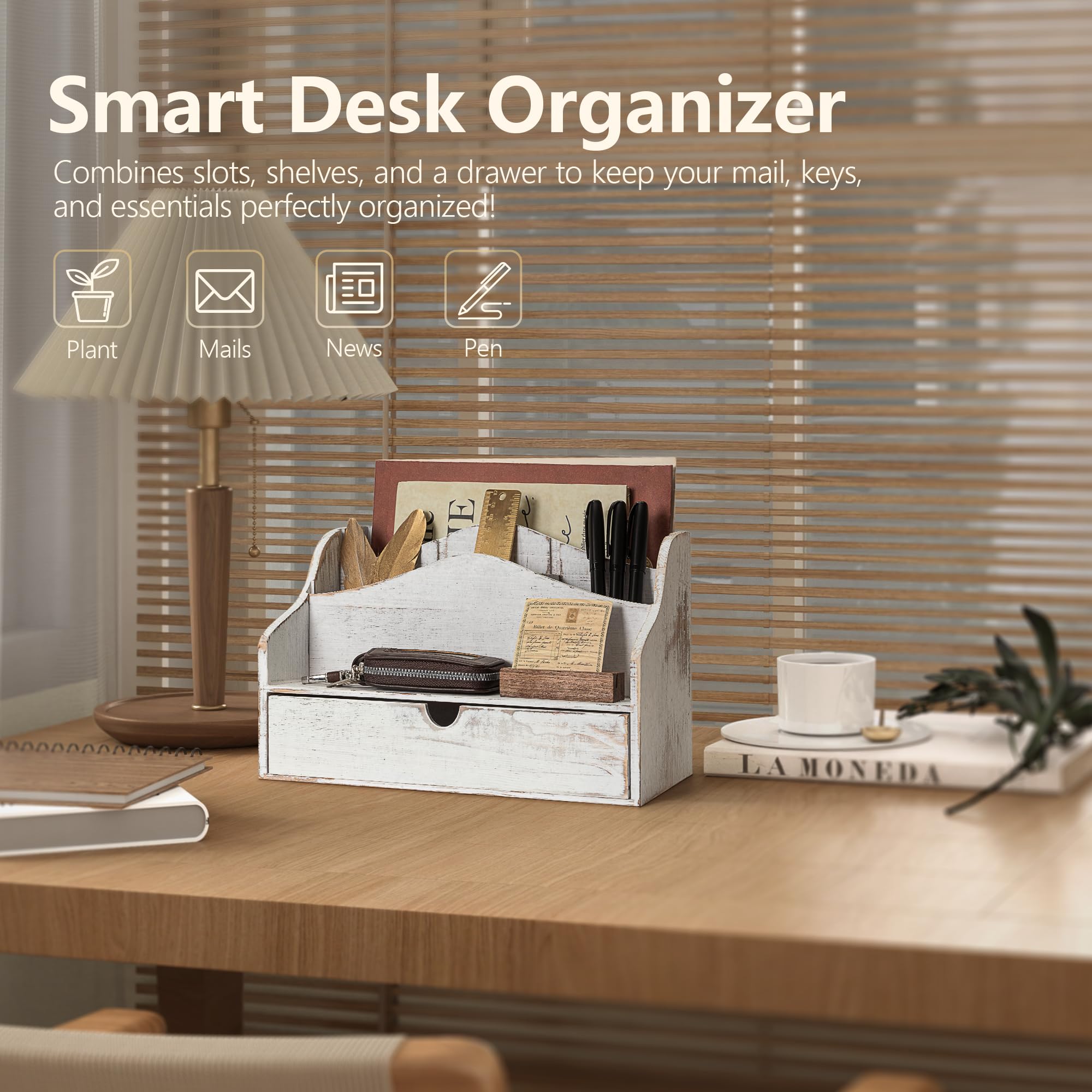 Organizer per posta da scrivania, in legno di pino, stile retrò, con cassetto e divisori, con 4 scomparti, per documenti e accessori da ufficio, organizer per ufficio per la decorazione della casa