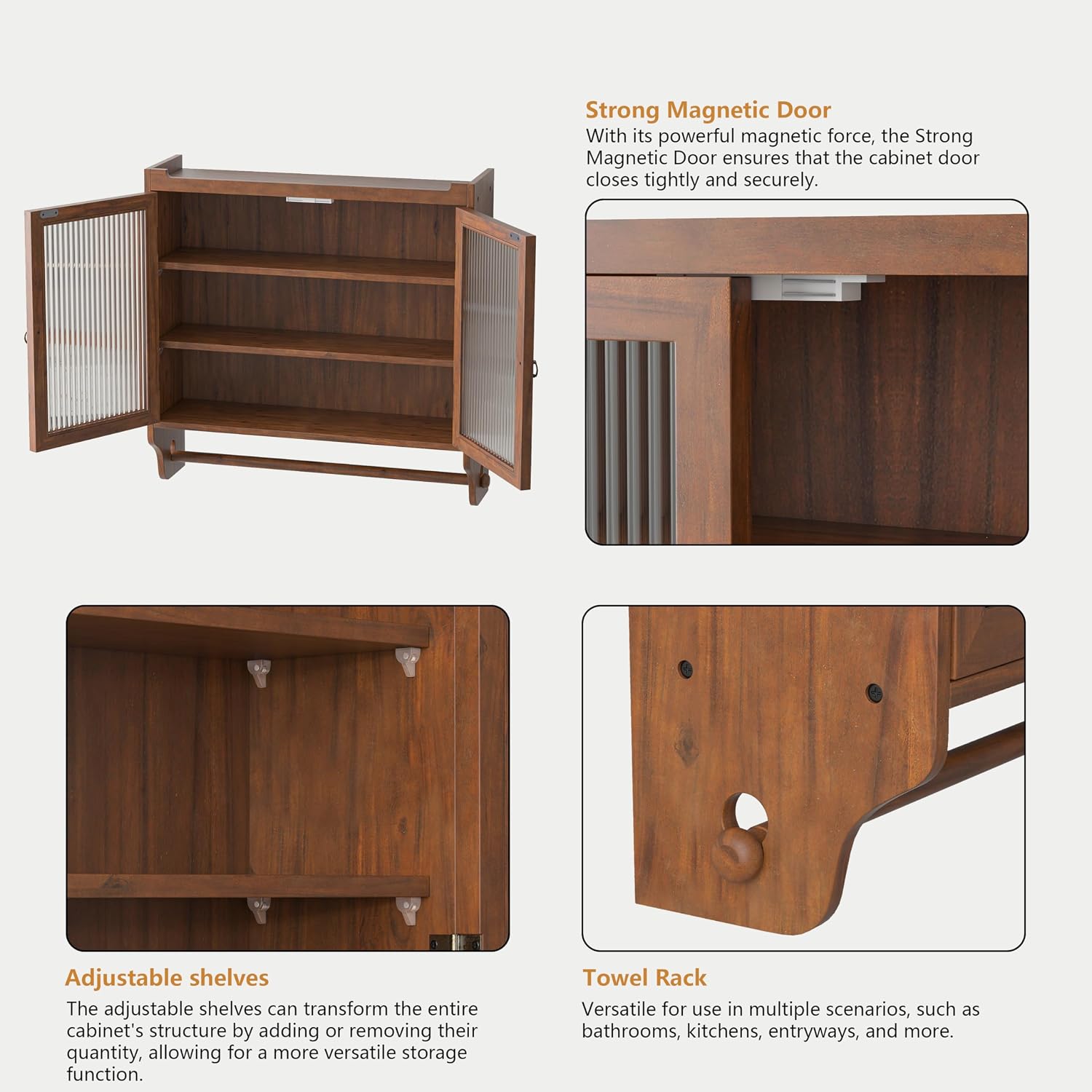 Retro Style Haze Double Glass Door Wood Wall Cabinet with Detachable Shelves for Office, Dining Room,Living Room, Kitchen and Bathroom Brown