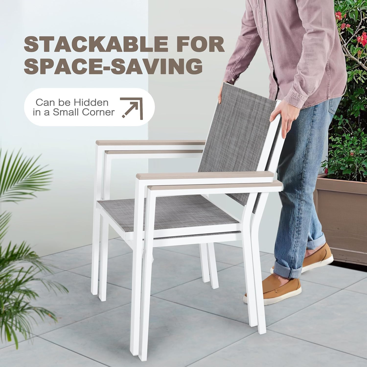 NUU GARDEN Patio Dining Chairs Set of 2, Textilene Outdoor Stackable Chairs with Anti-Scald Faux Wood Armrests, Weather-Resistant Metal Dining Chairs for Lawn Porch Backyard Deck Balcony, Gray