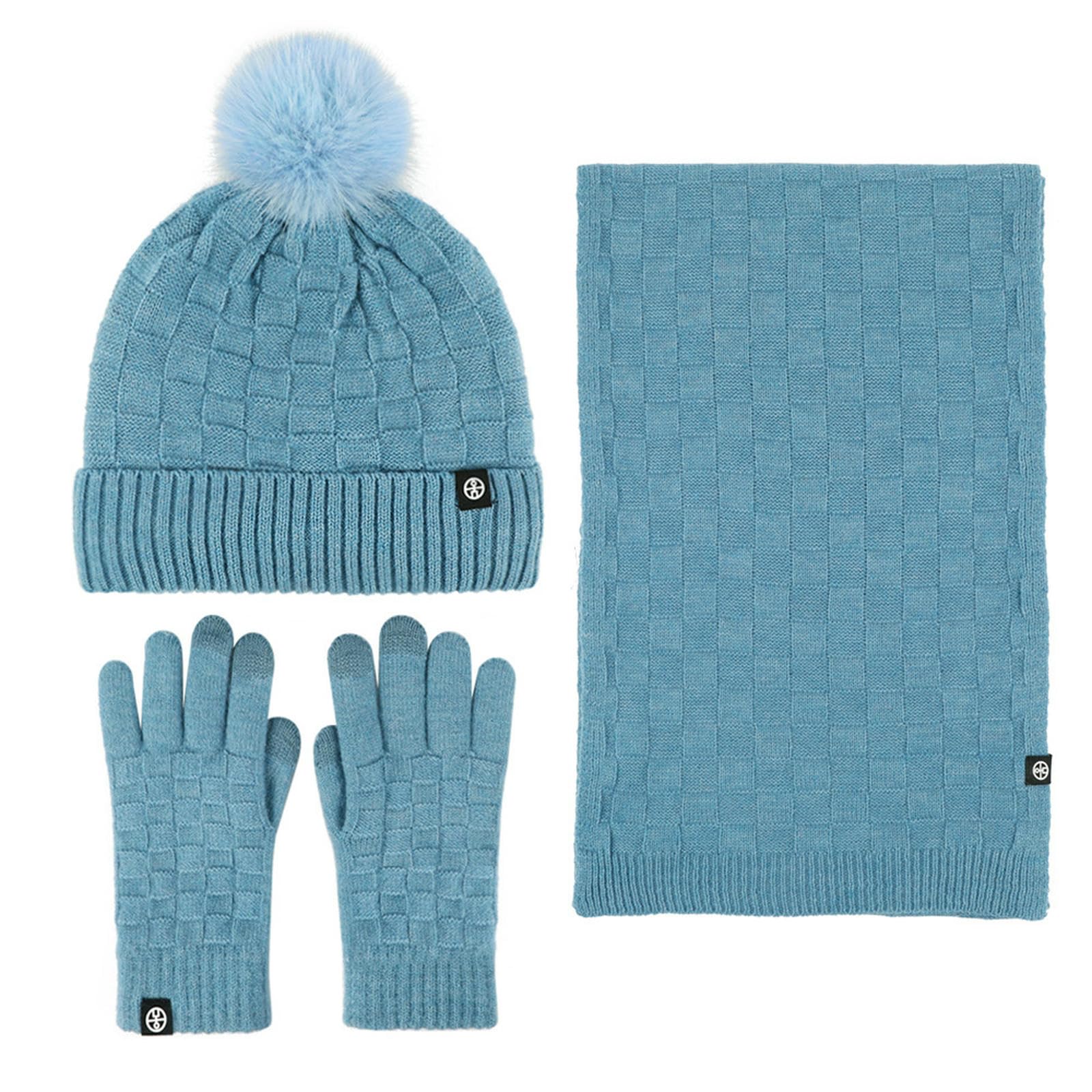 Wintermütze Schal Handschuhe Set Winter-Set Mit Fleece-gefütterter, Warmer Bommel-strickmütze, Und Handschuhen Für Den Außenbereich-schwarz
