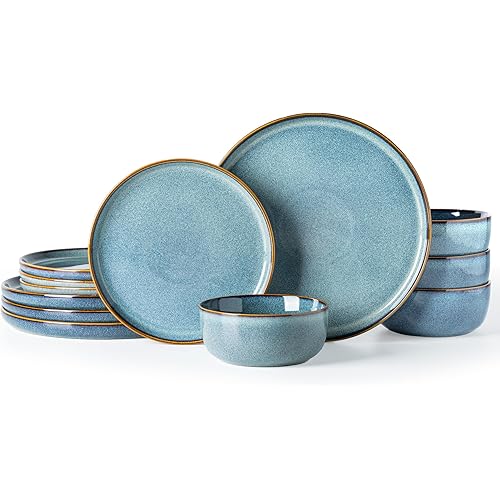 GBHOME Ceramic Dinnerware Sets for 4, 12 Pieces Stoneware Plates and Bowls Sets, Reactive Glaze Dishes -Scratch Resistant, Dishwasher&Microwave Safe, Space Blue