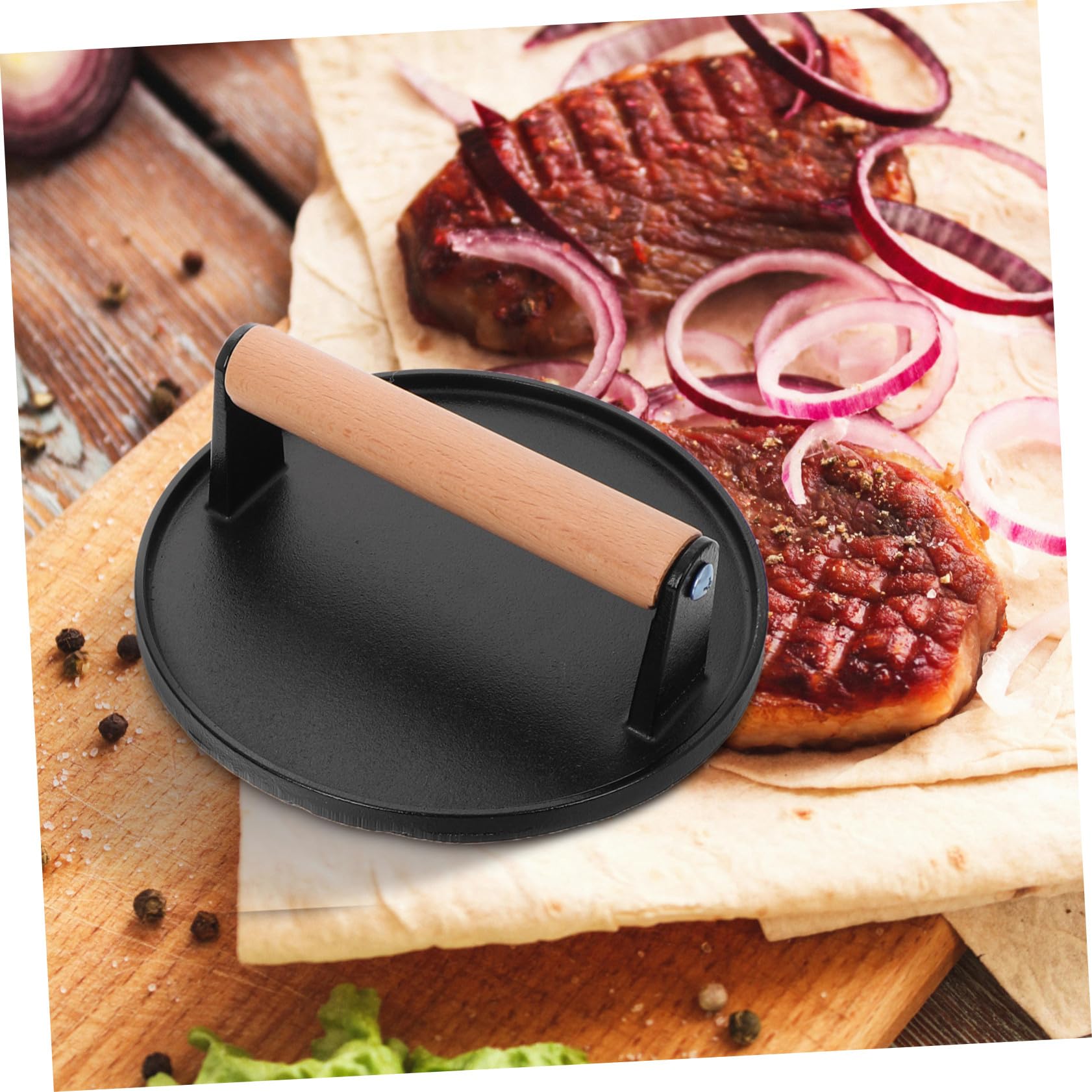 TOYANDONA Prensa de Carne Multifuncional de Hierro Fundido de Alta Resistencia con Mango de Madera, Prensa de Hamburguesas Redonda y Rectangular para Cocina y Barbacoa