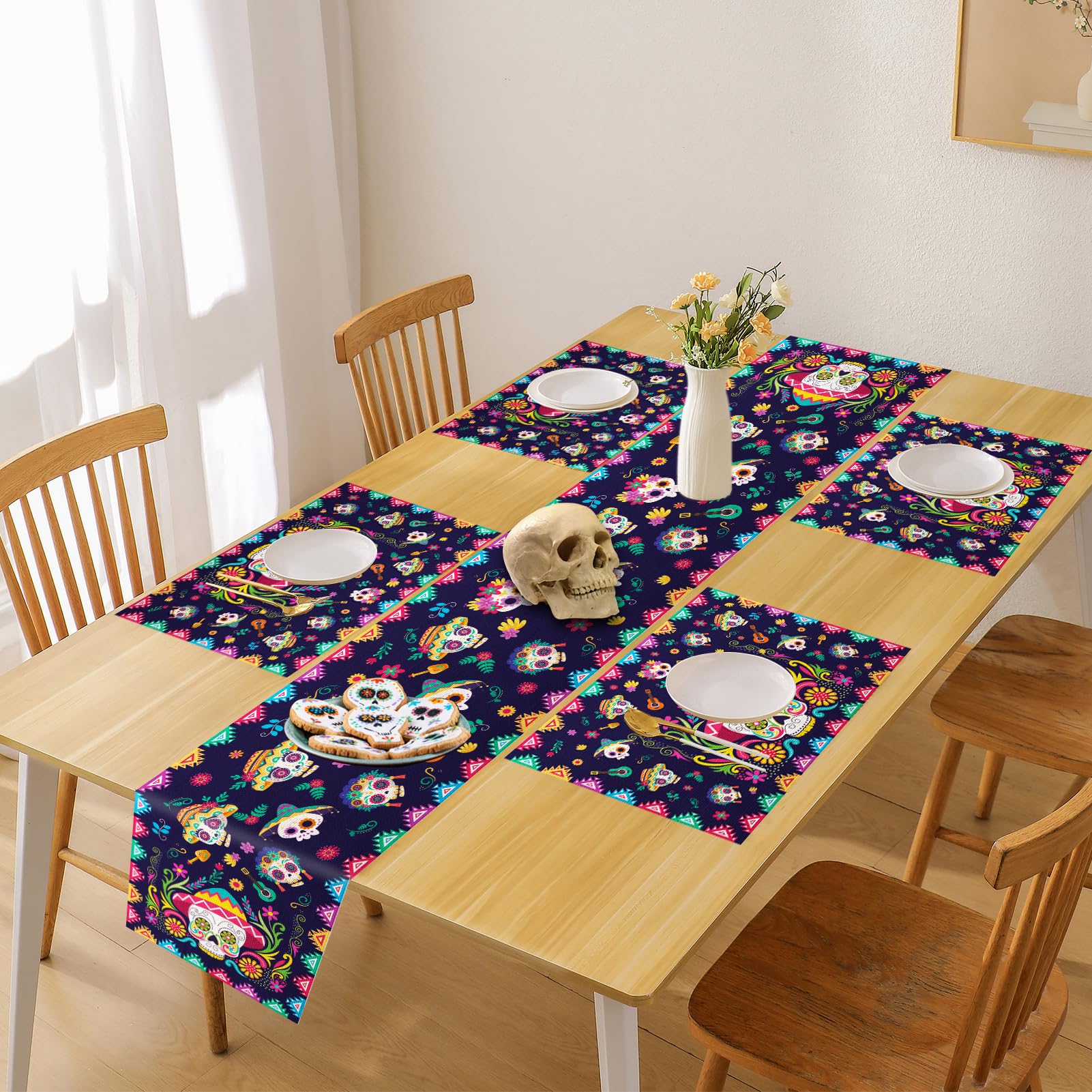 Lot De 4 Sets De Table Motifs Têtes De Mort Et Fleurs - 30x45 Cm - Polyester - Décoration Halloween Et Fêtes