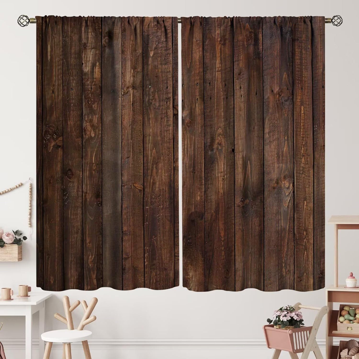 Western Vintage Wood Curtains Country Barn Door Farm Retro Curtain with Rod Pocket for Bedroom Living Room Home Decor Drapes Thermal Insulated Window Treatments 2 Panels Set 84" W X 84" L