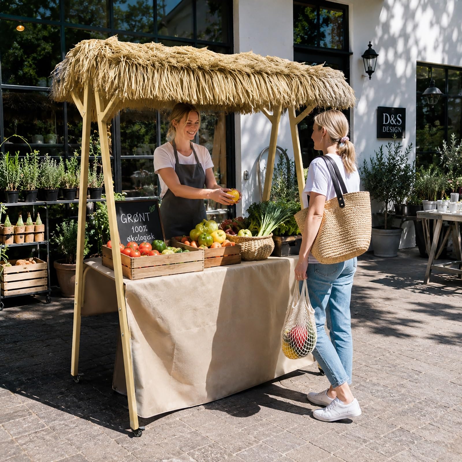 XRRJFYH Portable Farmers Market Stand with Canopy, Outdoor Vendor Booth & Display Tables – Foldable Street Vendor Food Stand, Market Stall with Wheels(Beige,160x60cm/63x24in)